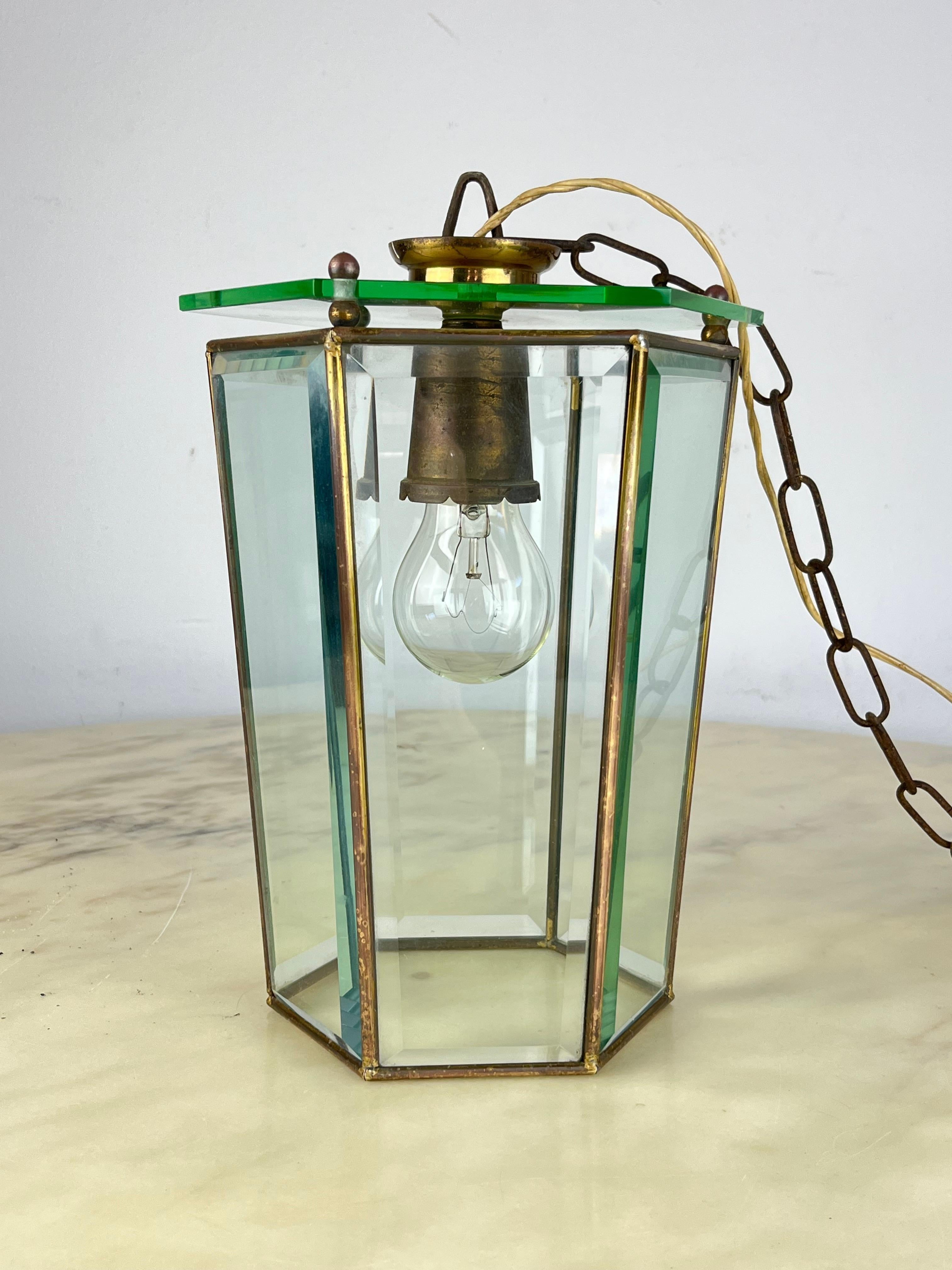 Brass and Cut Glass Pendant Lamp, Attributed to Adolf Loos, Austria, 1930s For Sale 3