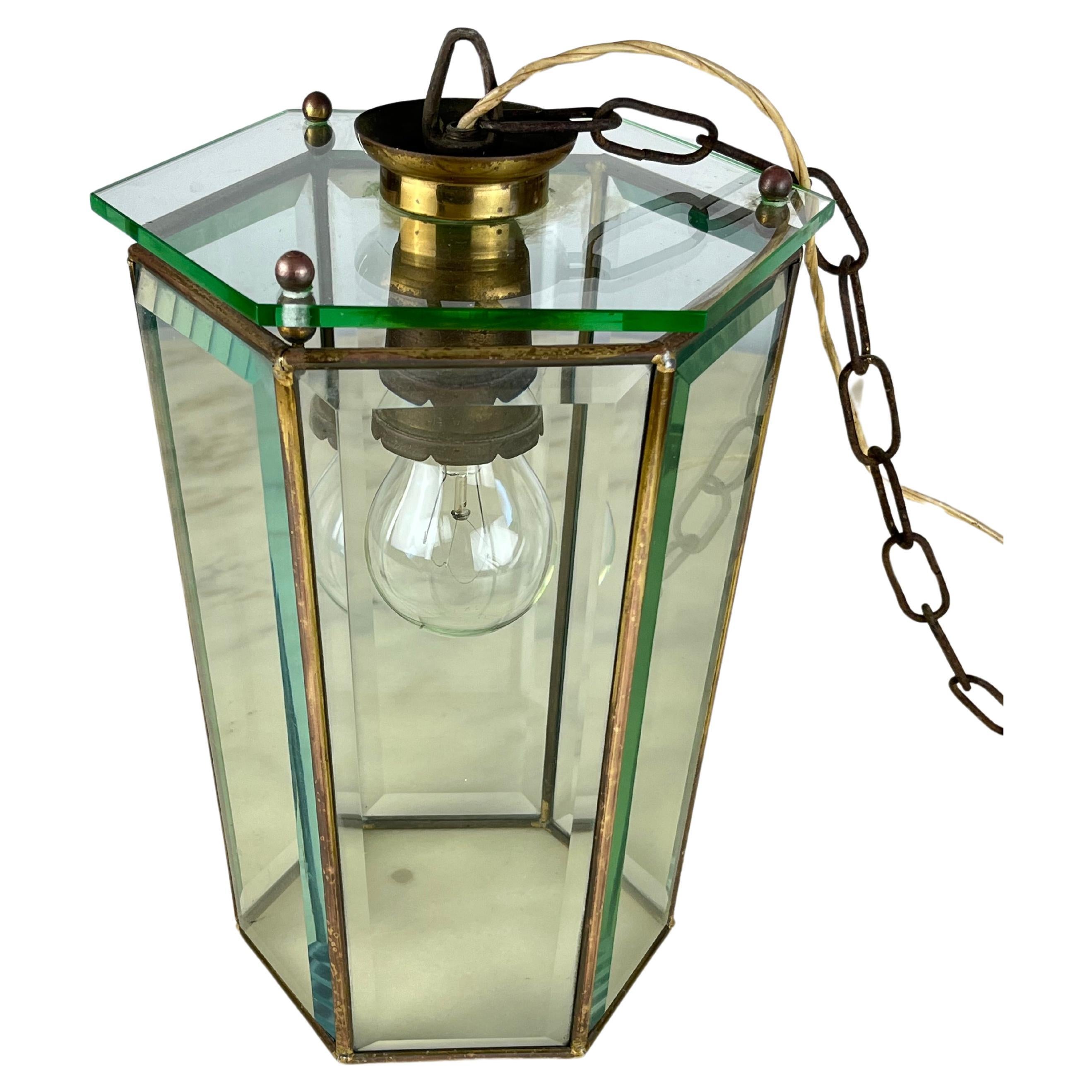 Brass and Cut Glass Pendant Lamp, Attributed to Adolf Loos, Austria, 1930s For Sale