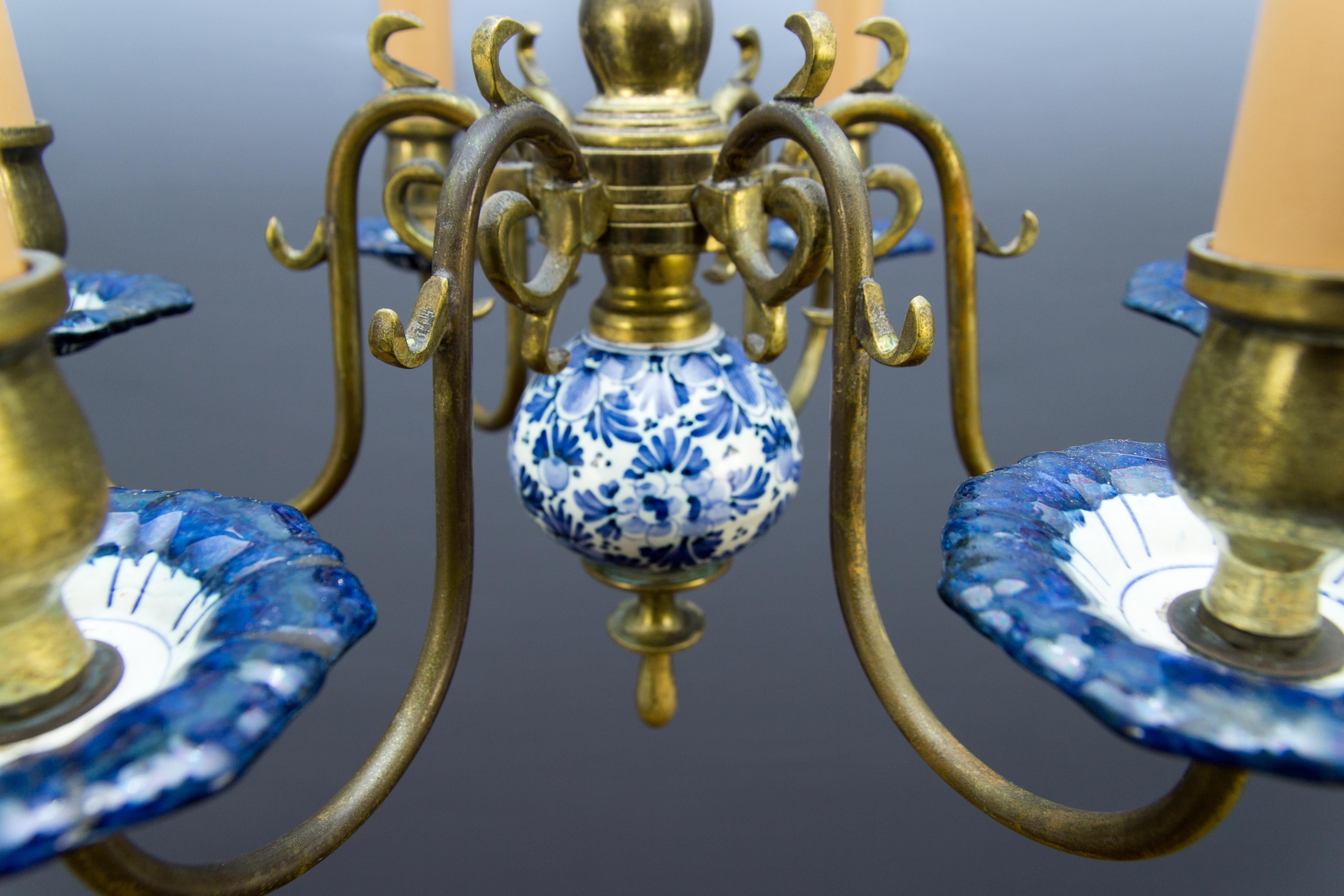 Dutch Brass and Delft Blue Porcelain Six-Light Chandelier 1