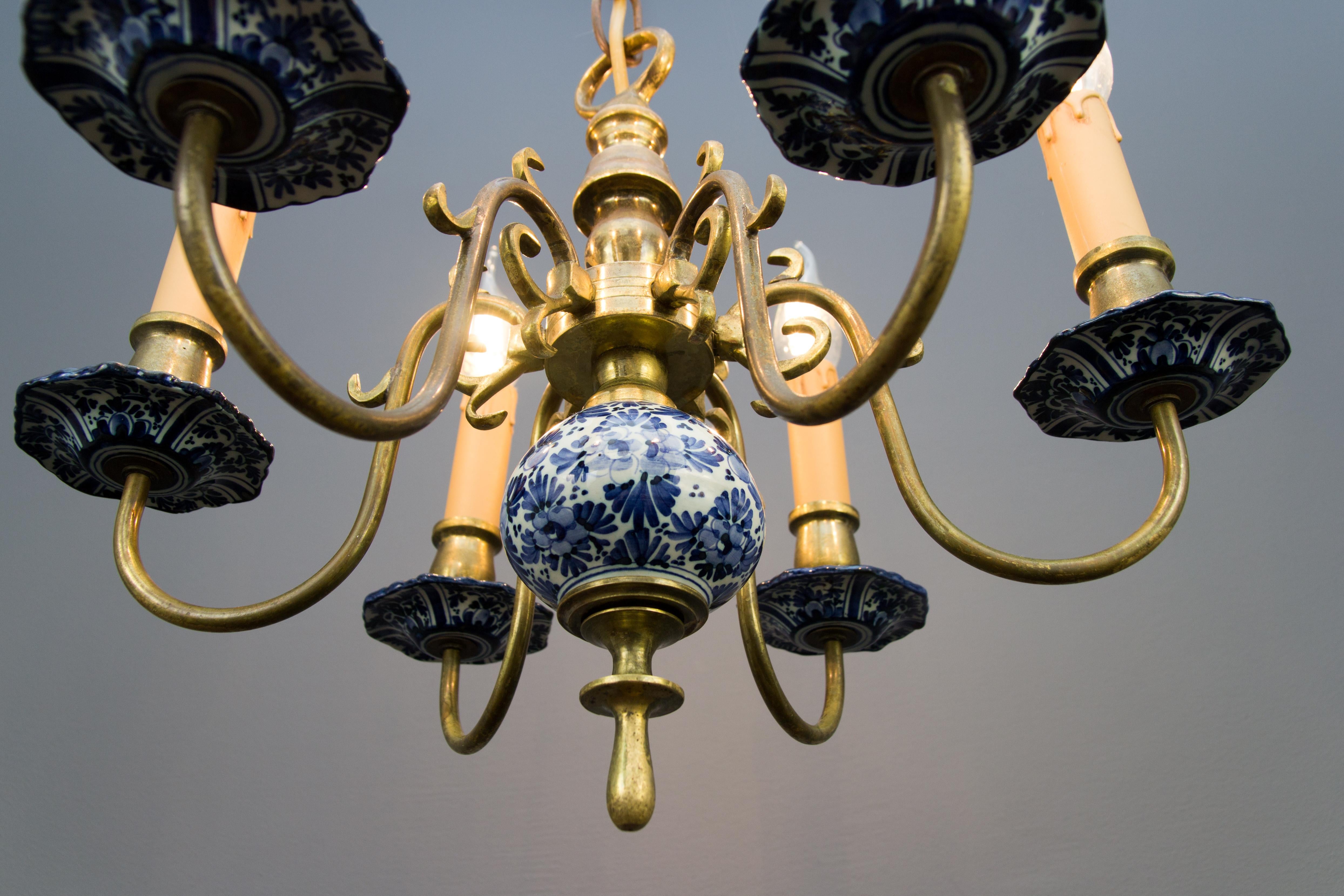 Dutch Brass and Delft Blue Porcelain Six-Light Chandelier 5