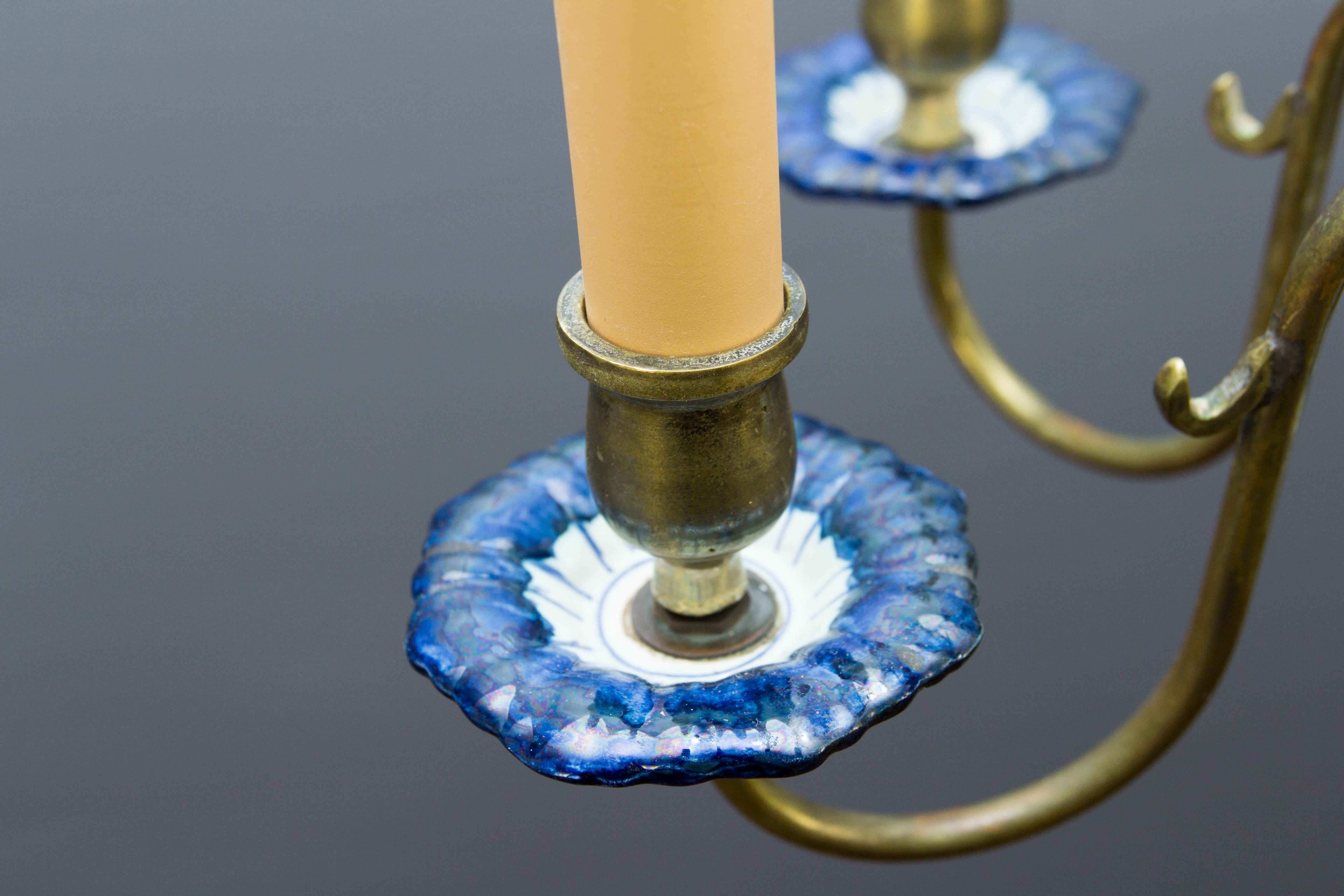 Dutch Brass and Delft Blue Porcelain Six-Light Chandelier 7