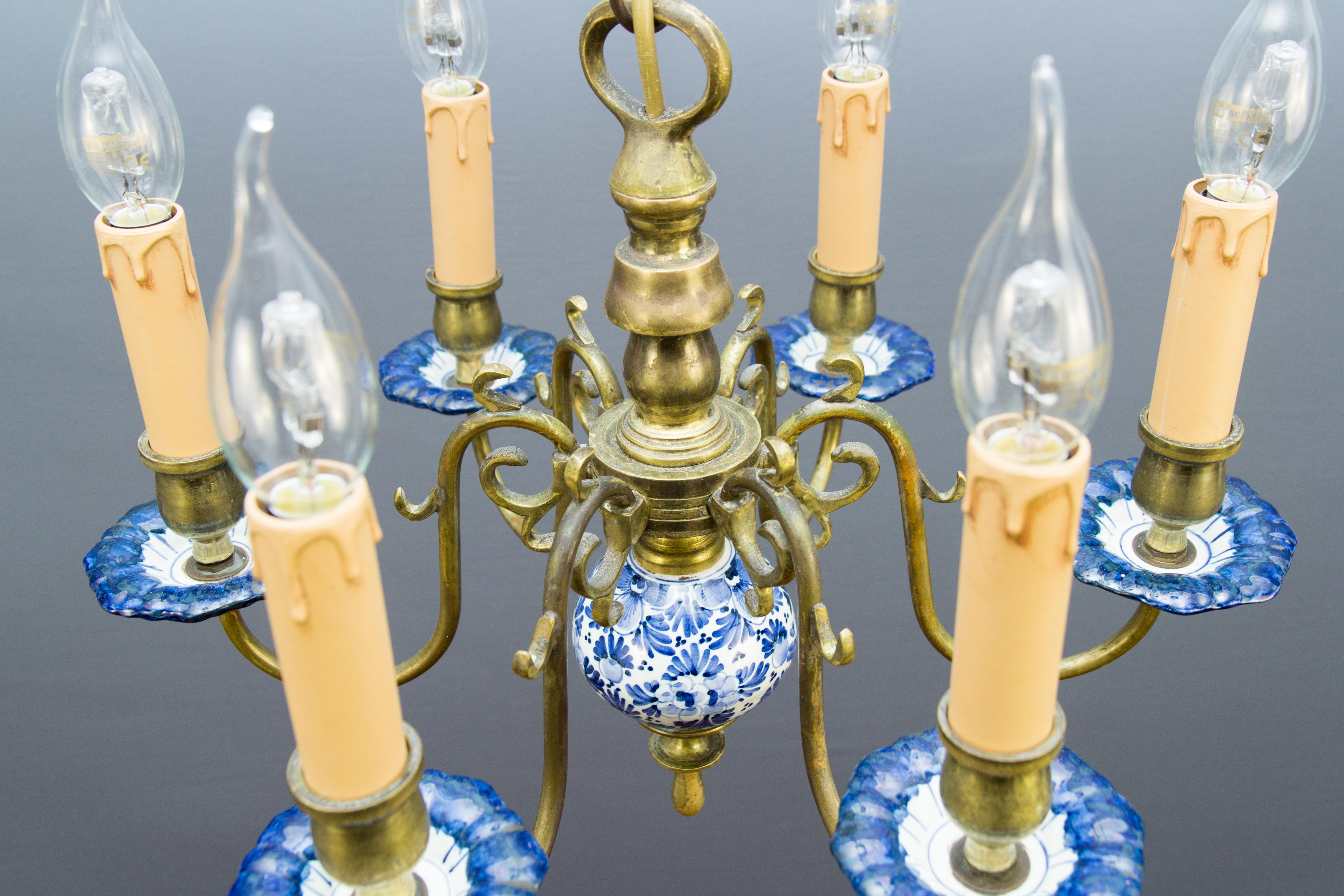 Dutch Brass and Delft Blue Porcelain Six-Light Chandelier 8
