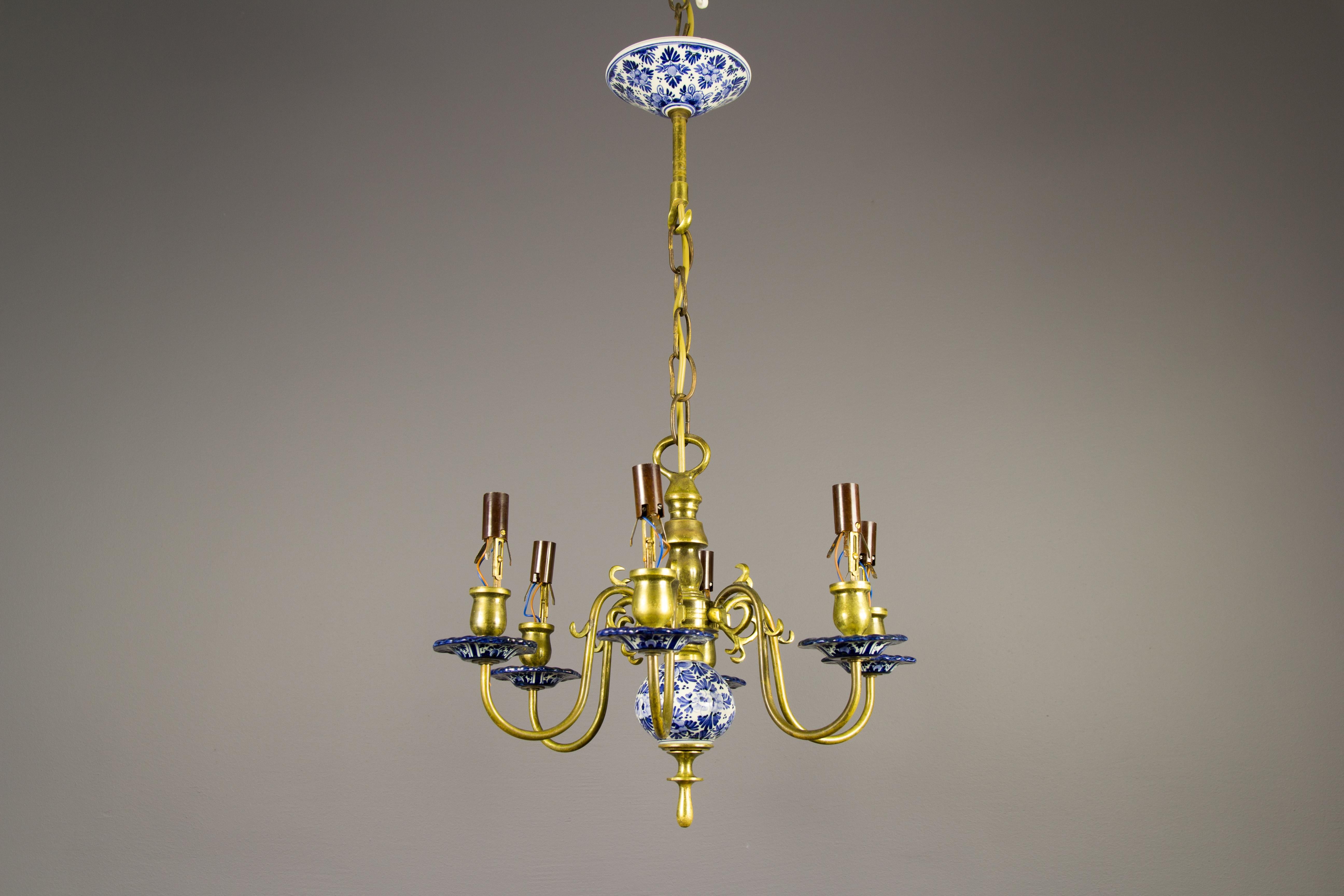 Dutch Brass and Delft Blue Porcelain Six-Light Chandelier 9