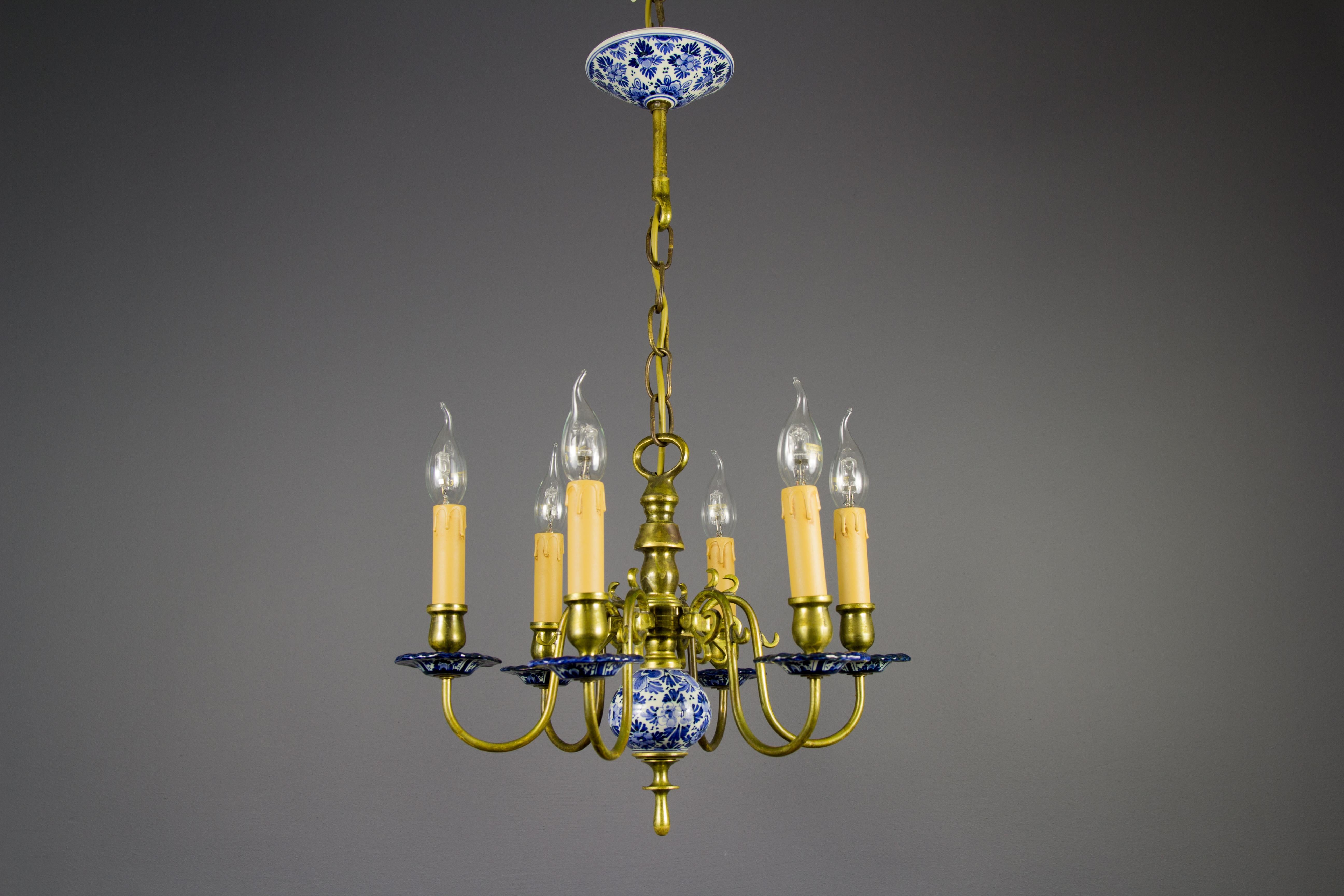 Dutch Colonial Dutch Brass and Delft Blue Porcelain Six-Light Chandelier