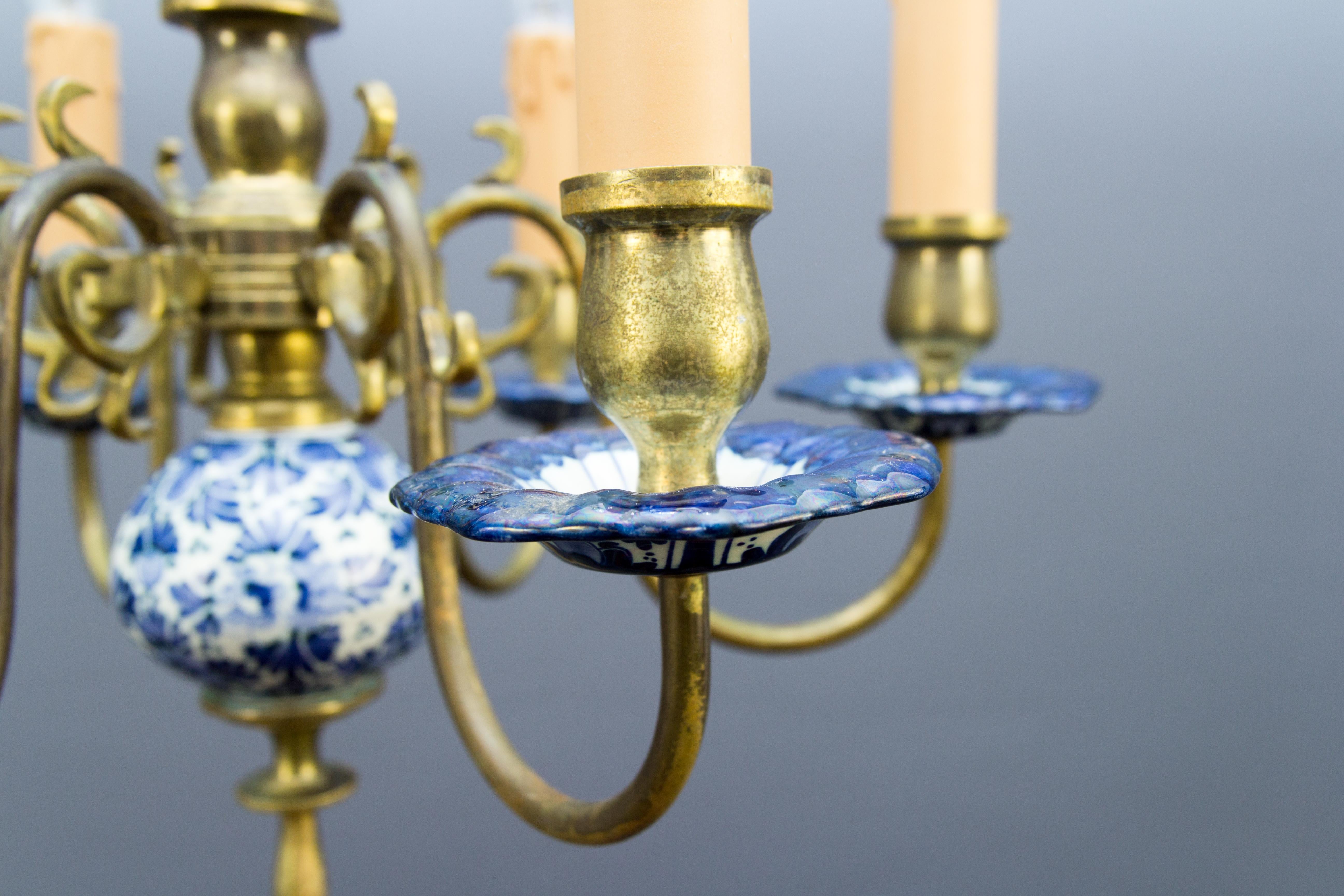 20th Century Dutch Brass and Delft Blue Porcelain Six-Light Chandelier