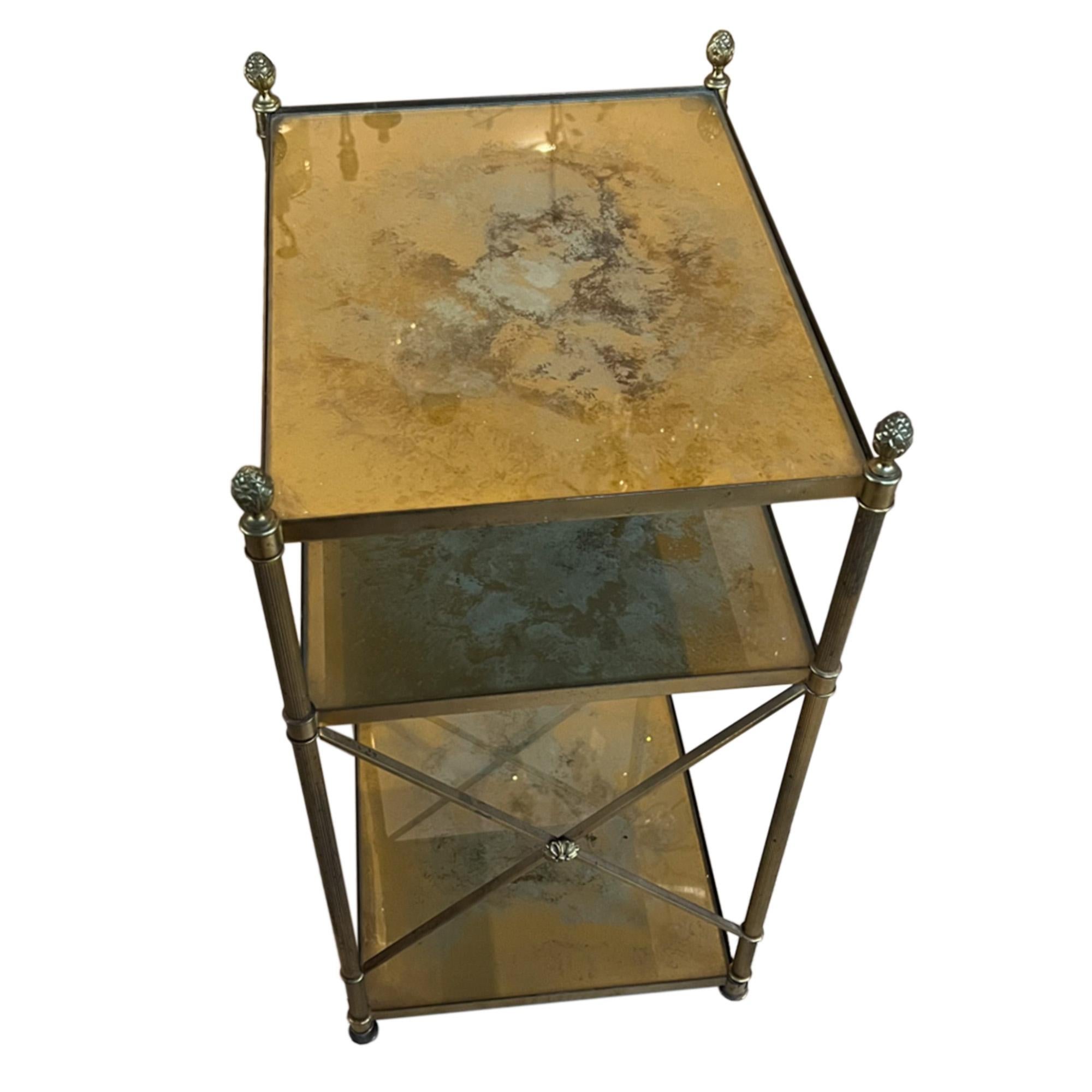 Empire Brass and Eglomise Glass French Midcentury Side Table For Sale