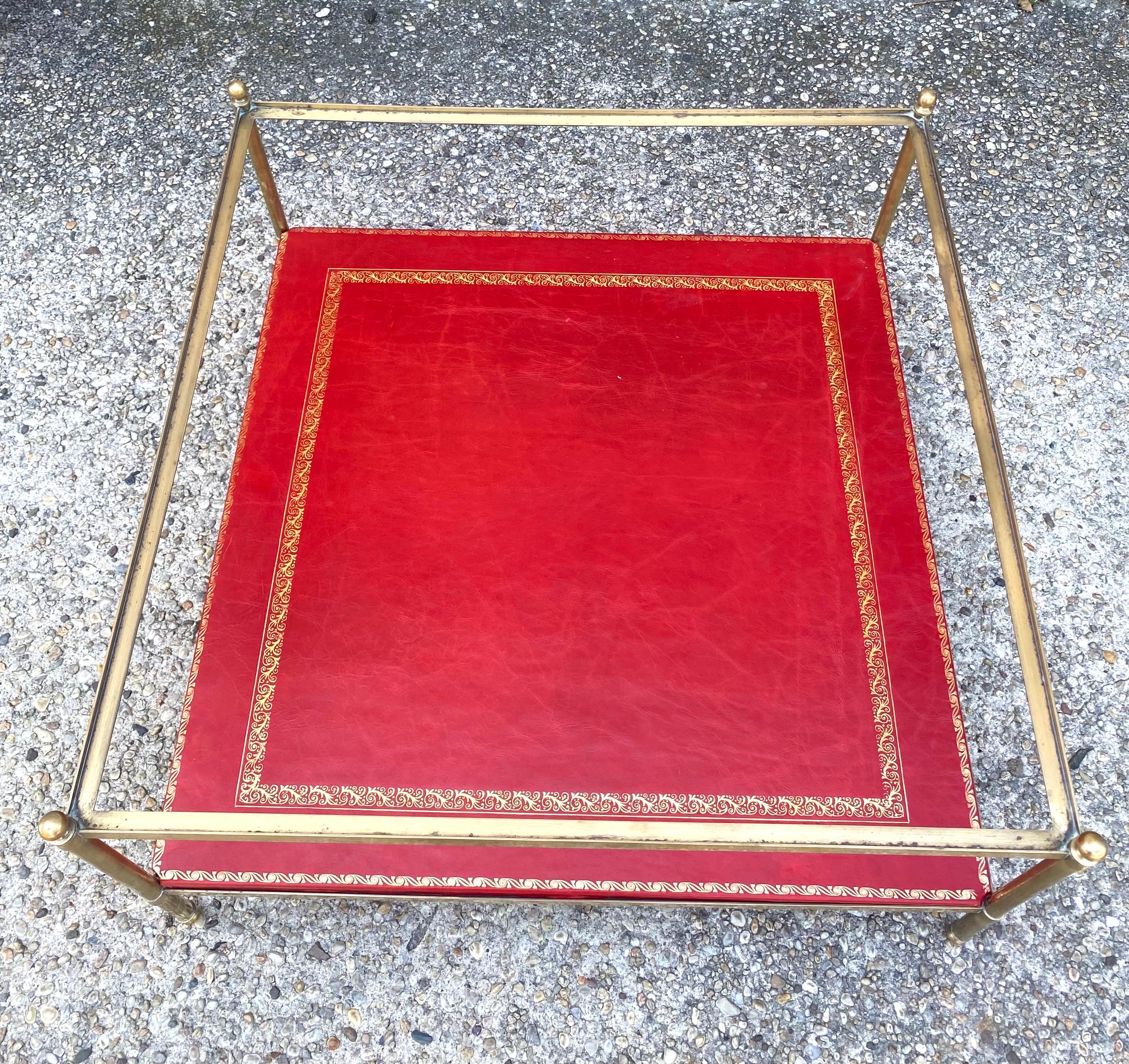 Brass and Embossed Red Leather Coffee Table in the Manner of Maison Jansen For Sale 9