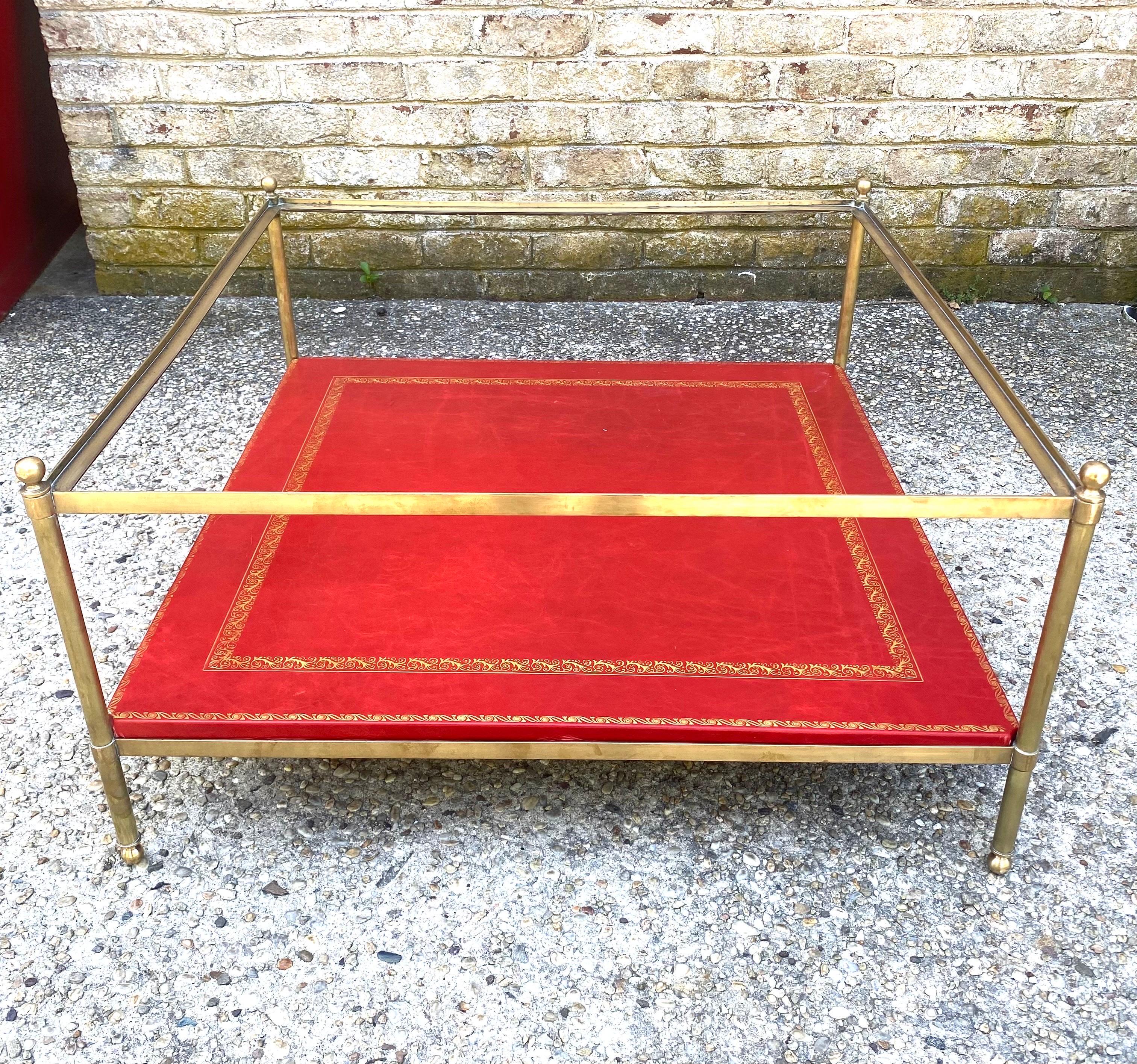 Brass and Embossed Red Leather Coffee Table in the Manner of Maison Jansen For Sale 10