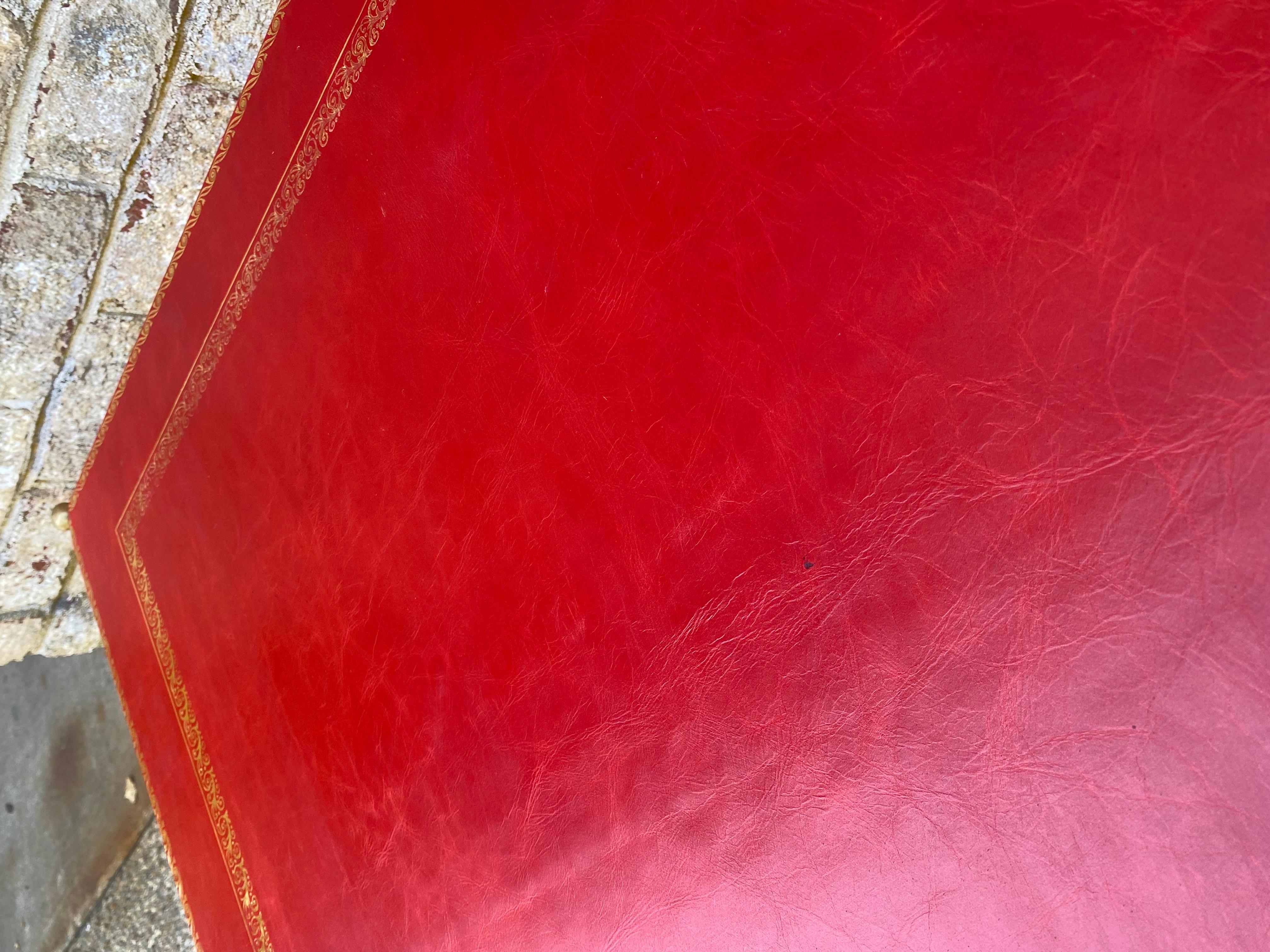 Brass and Embossed Red Leather Coffee Table in the Manner of Maison Jansen For Sale 13