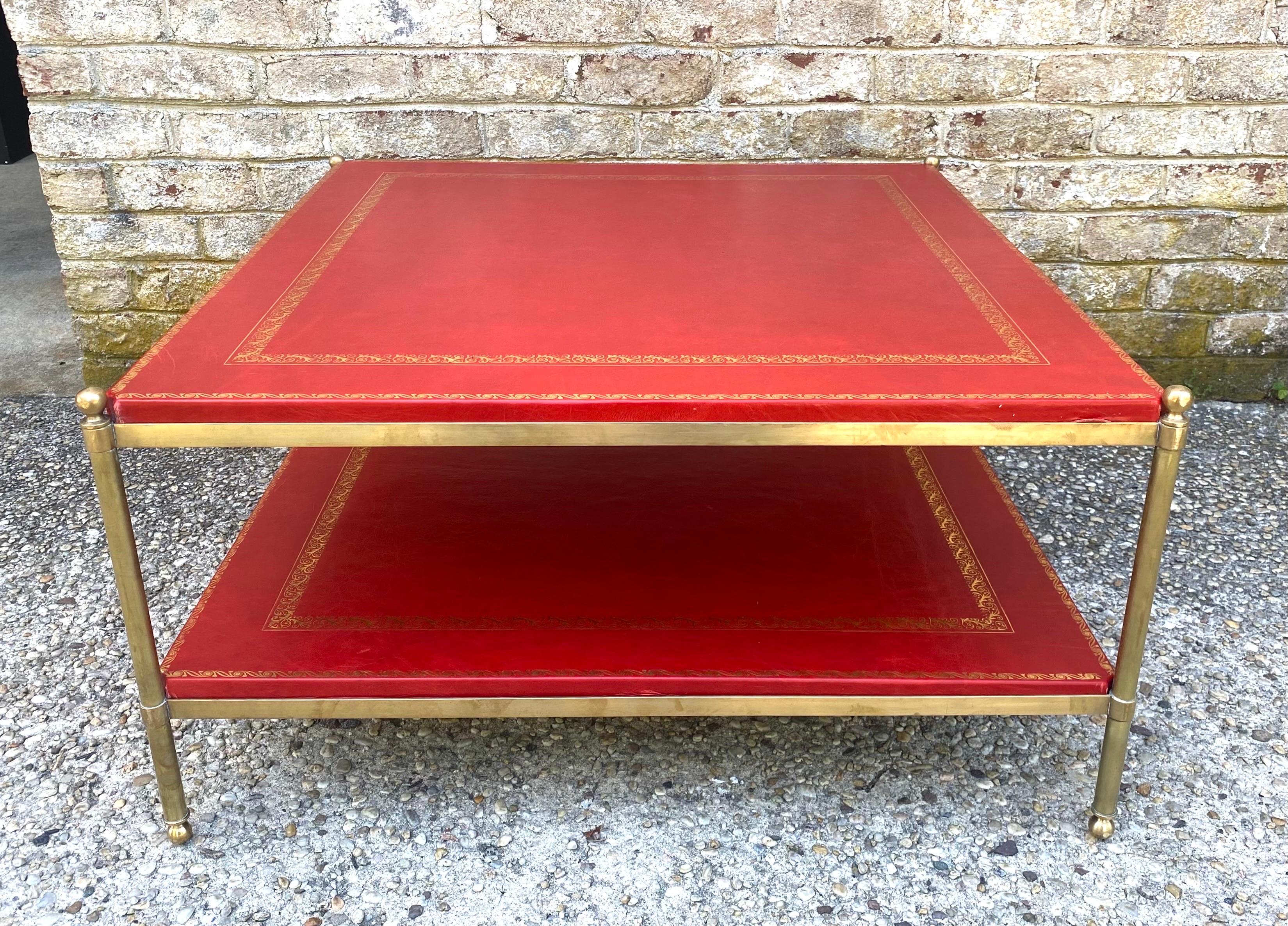 Brass and Embossed Red Leather Coffee Table in the Manner of Maison Jansen For Sale 14