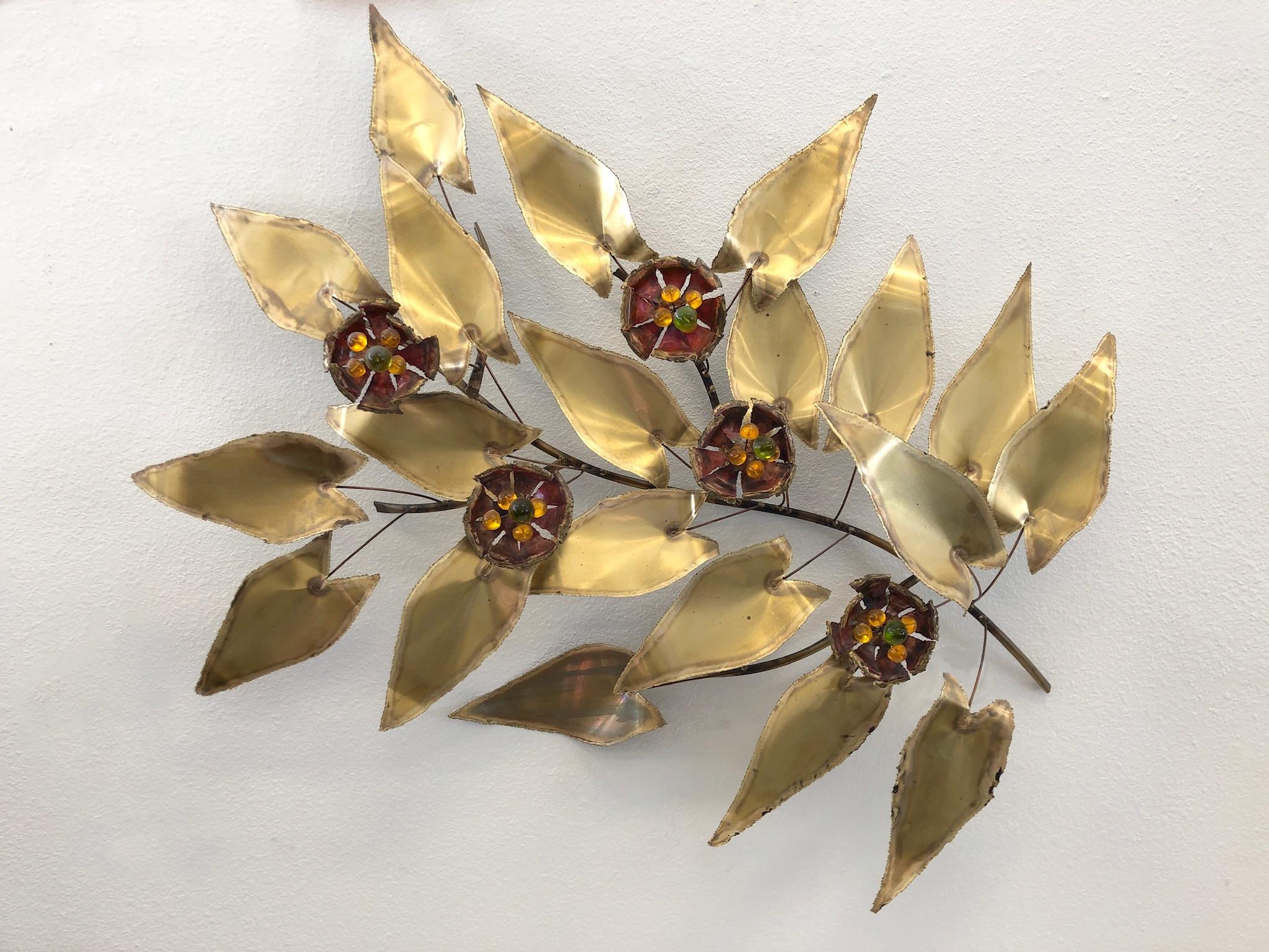 Mid-Century Modern Brass and Enamel Branch Wall Sculpture in the Manner of Curtis Jere For Sale