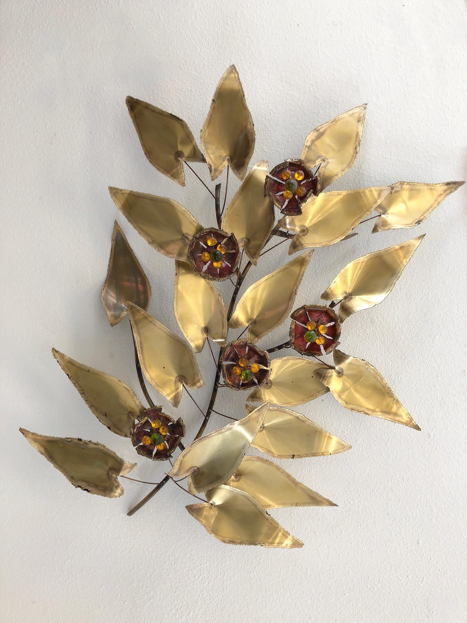 American Brass and Enamel Branch Wall Sculpture in the Manner of Curtis Jere For Sale