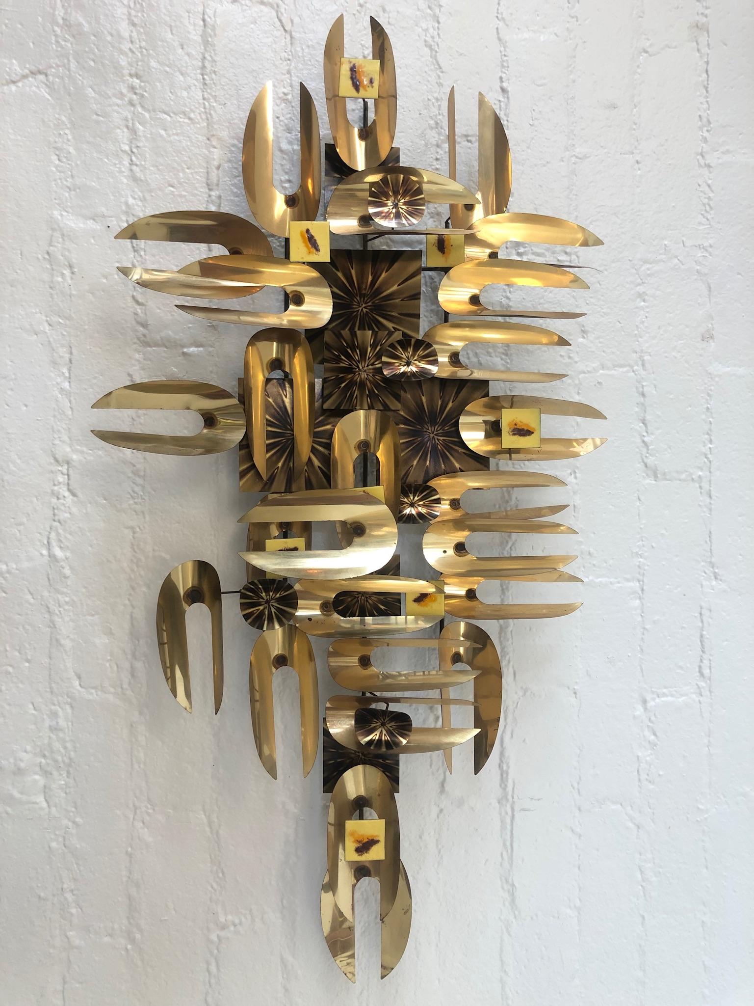 Late 20th Century Brass and Enamel Brutalist Wall Sculpture