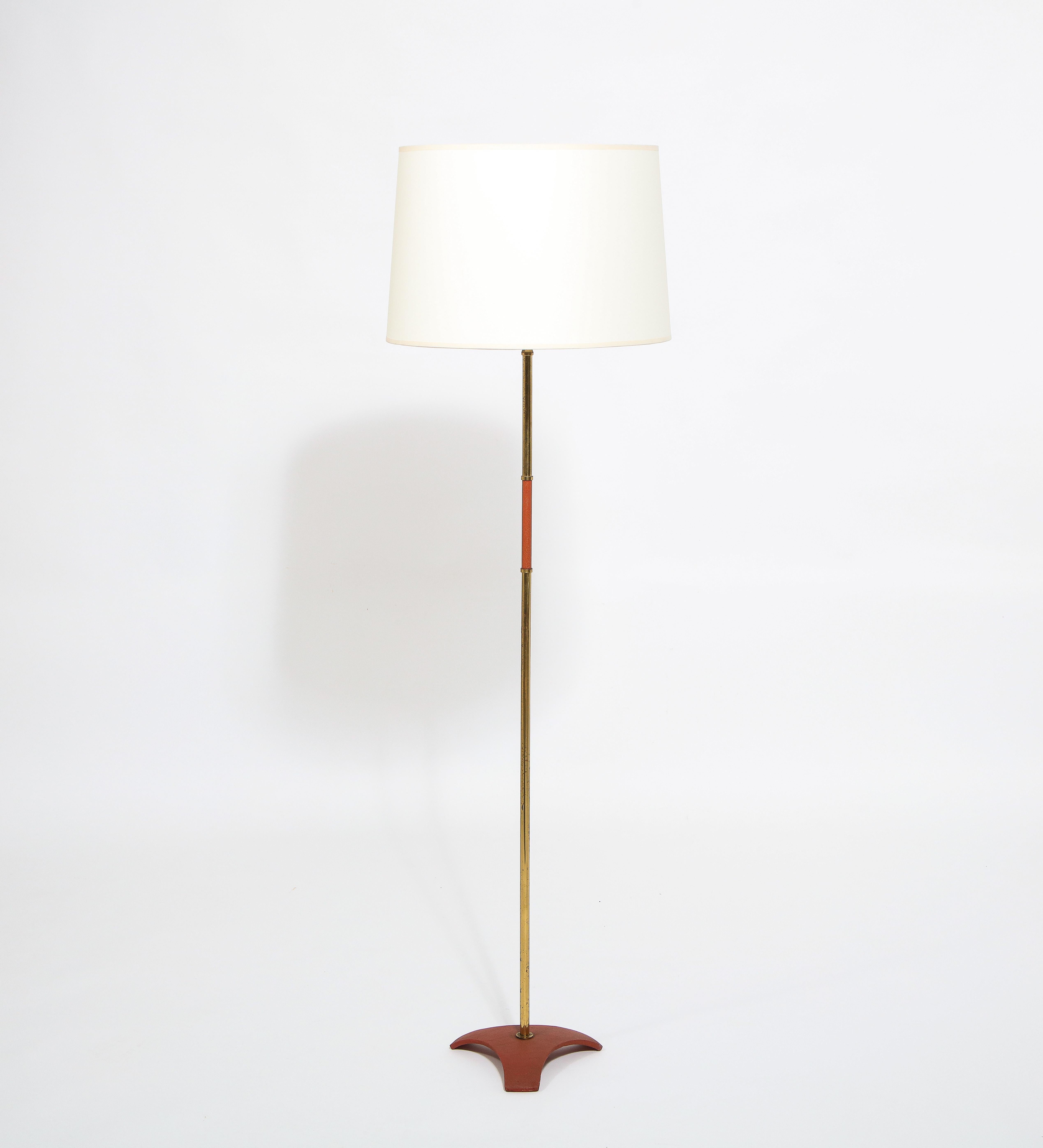 20th Century Brass and Burnt Orange Enamel Modernist Floor Lamp, France 1960's For Sale