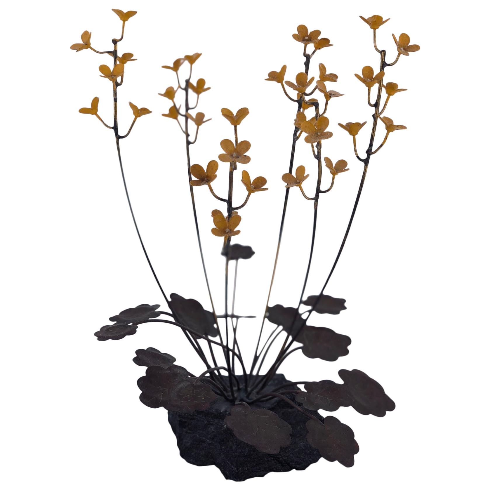 Brass and Enamel Flowers Sculpture Sitting in Stone Base Jere Style