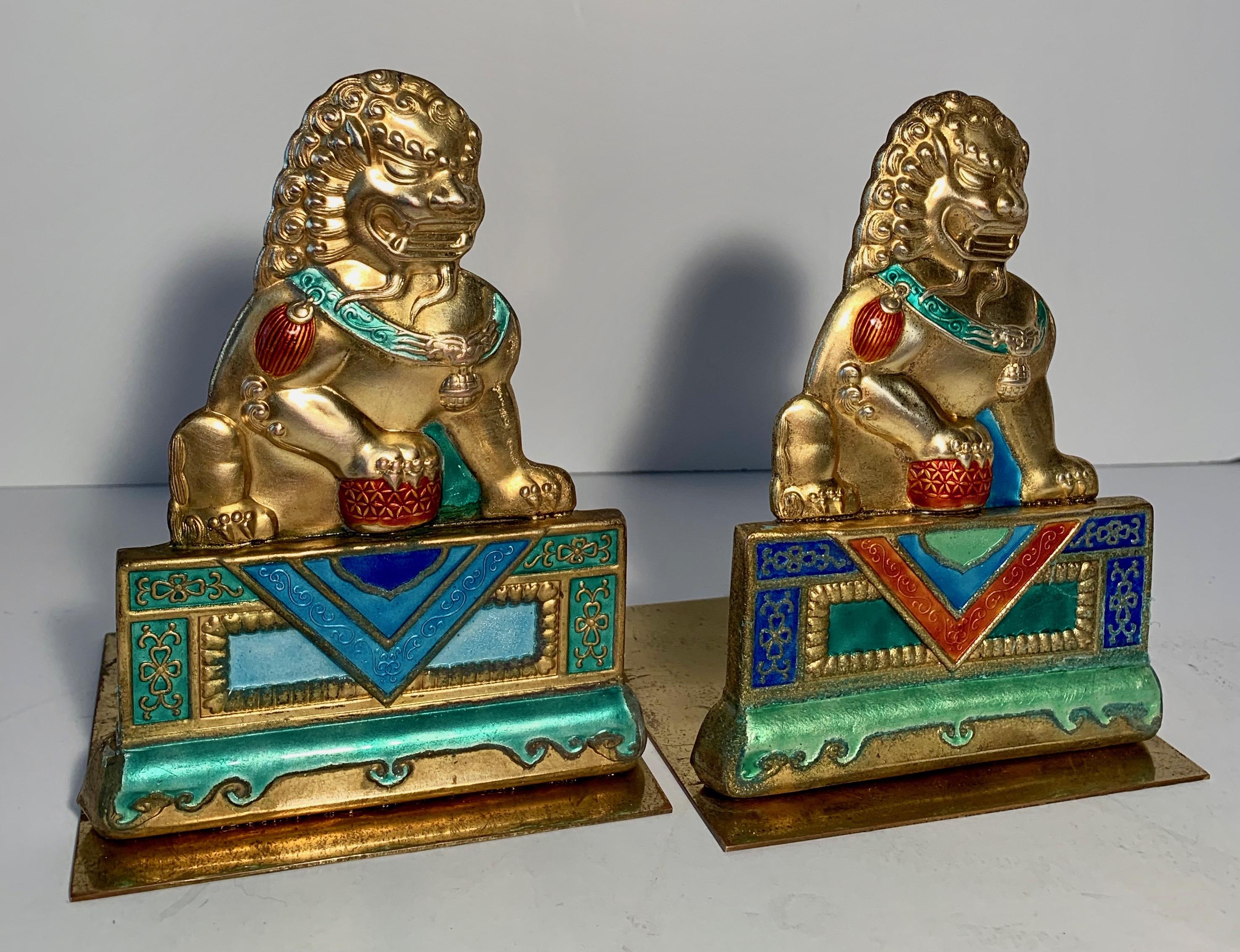 Chinese Export Brass and Enamel Foo Dog Bookends For Sale