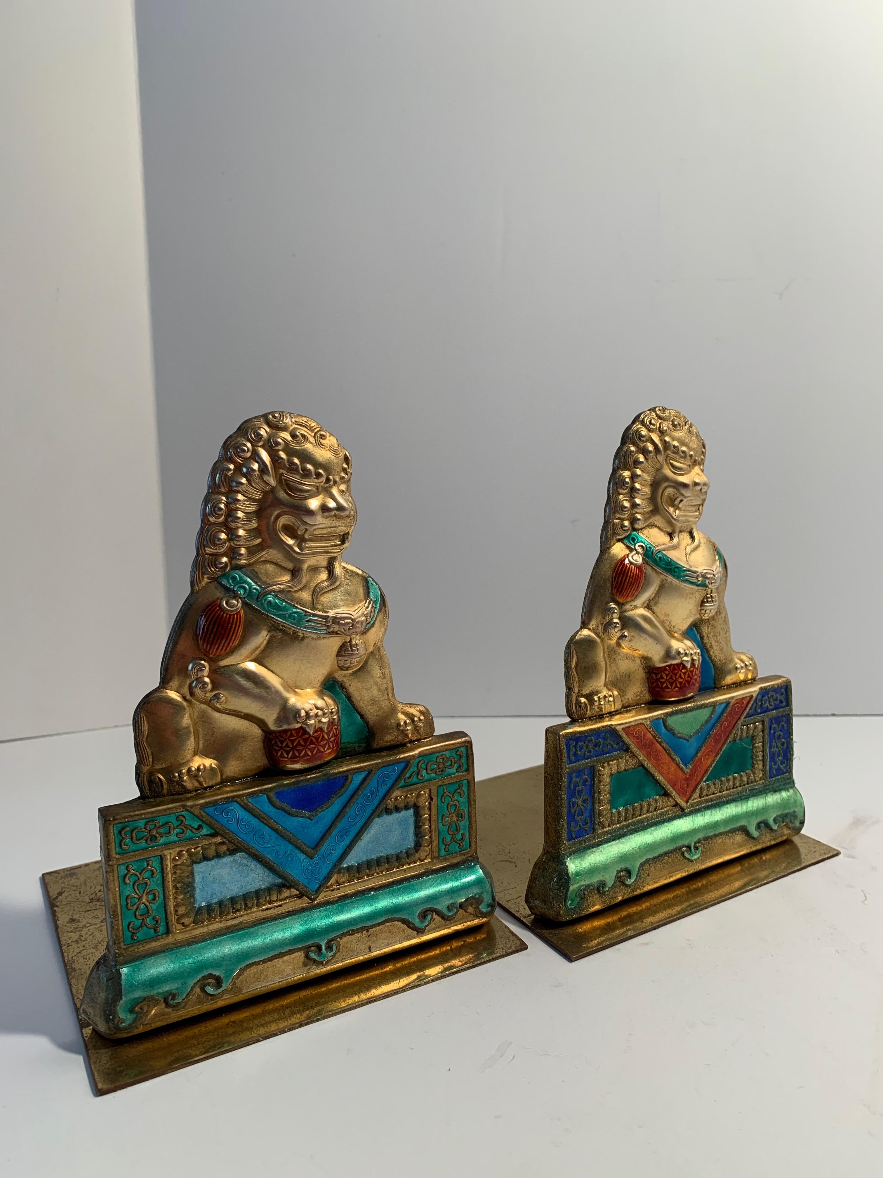 Chinese Brass and Enamel Foo Dog Bookends For Sale