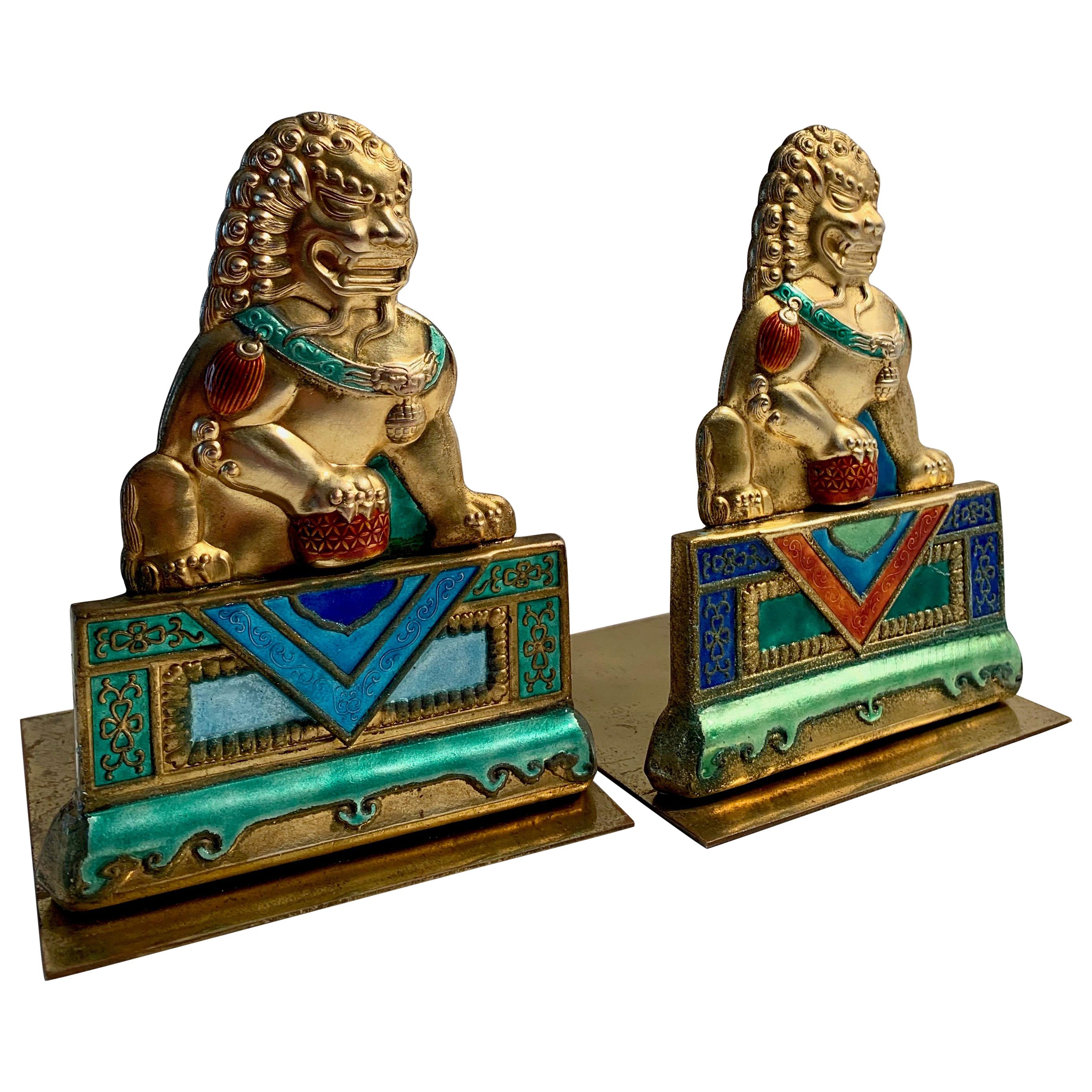 Brass and Enamel Foo Dog Bookends
