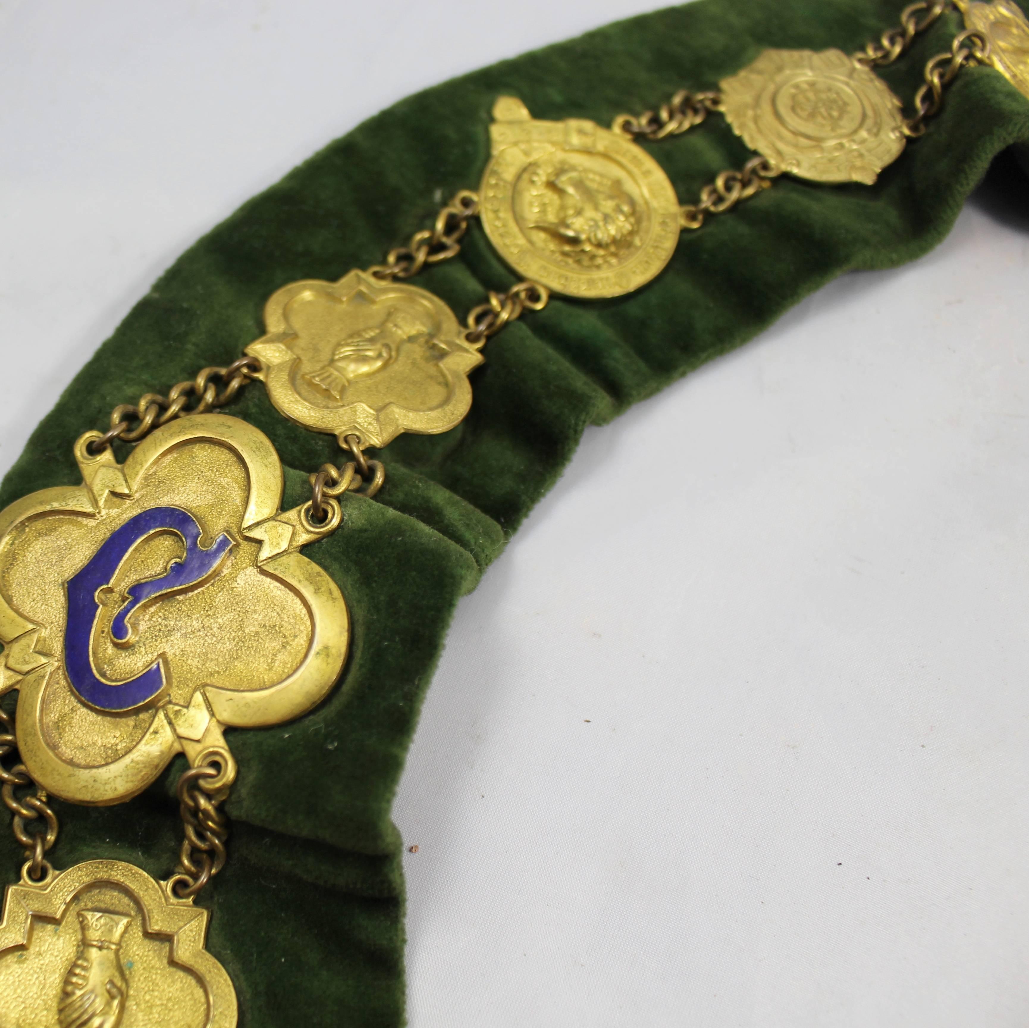 20th Century Brass and Enamel Velvet Lodge Chain Masonic Regalia For Sale