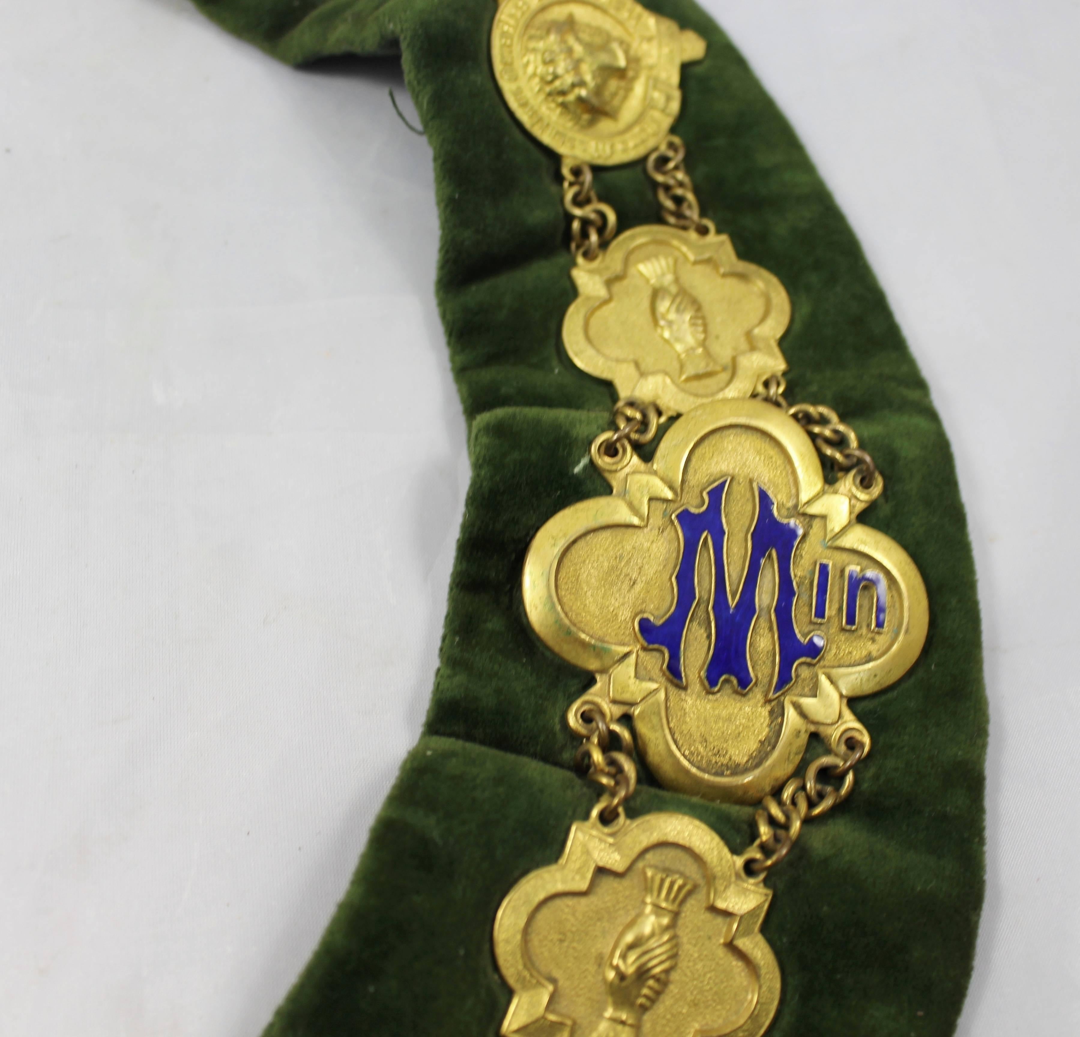 Brass and Enamel Velvet Lodge Chain Masonic Regalia For Sale 2