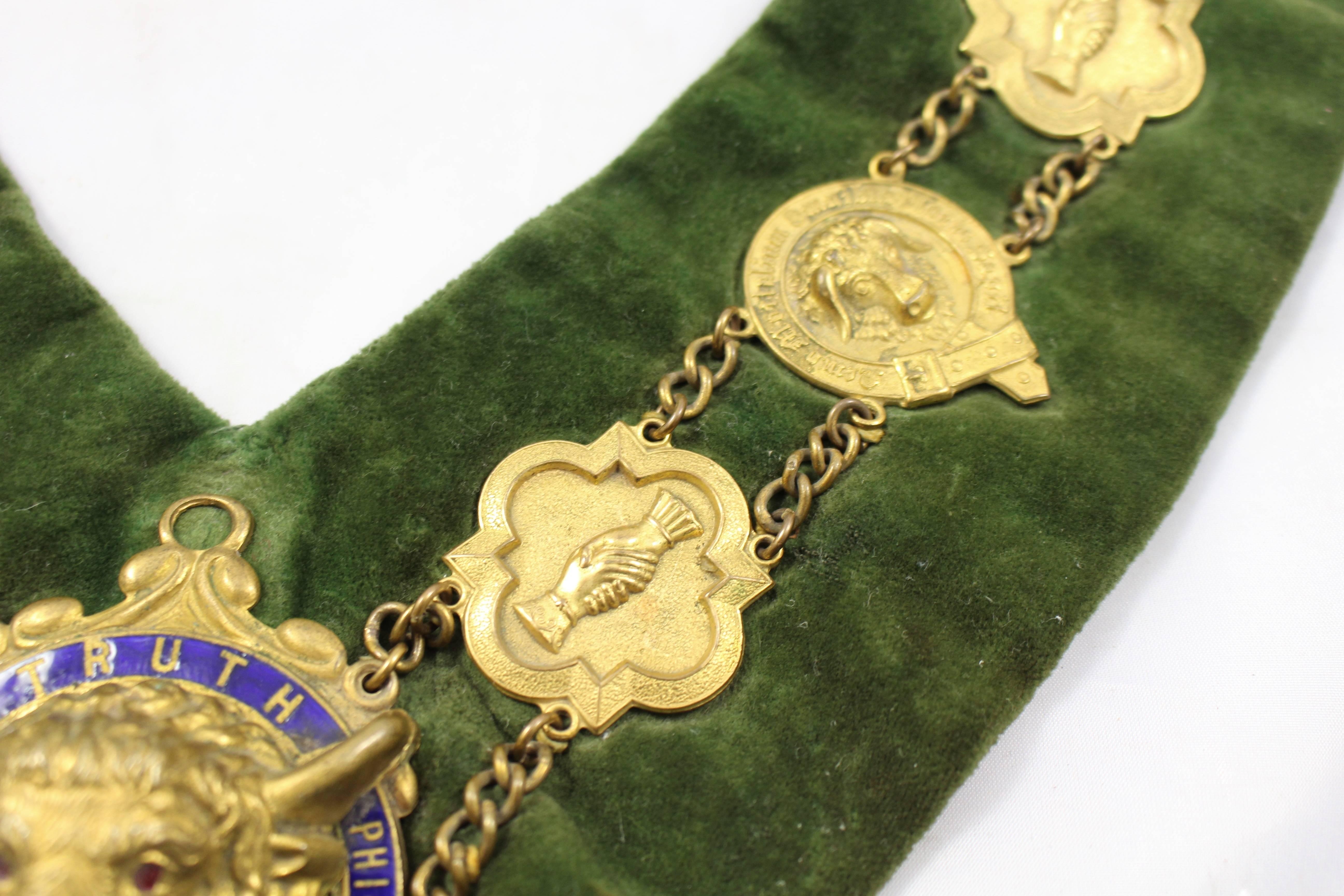 Brass and Enamel Velvet Lodge Chain Masonic Regalia For Sale 3