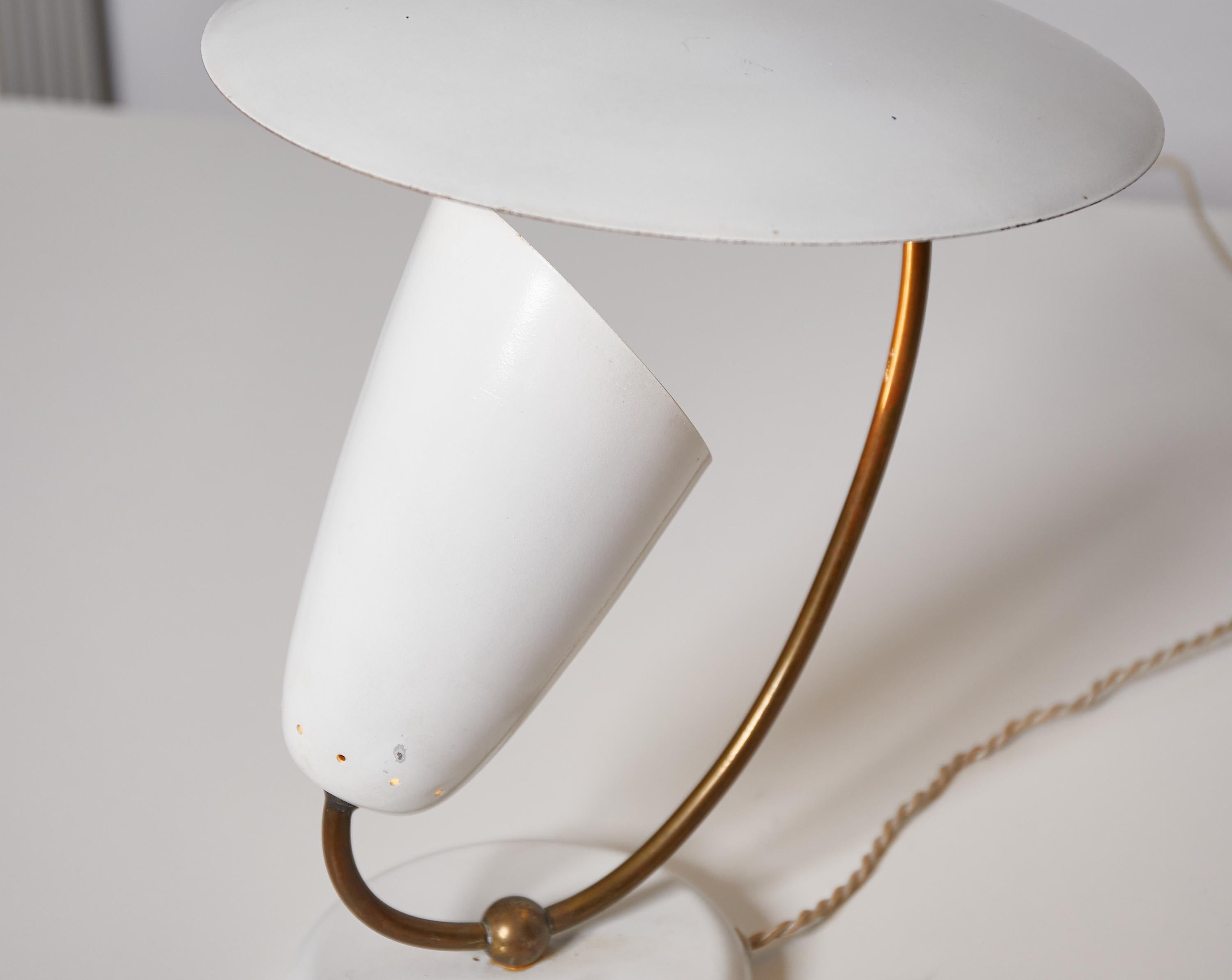 Swiss Brass and Enameled Metal Table Lamp, Stilnovo Inspired, Switzerland, 1950 For Sale