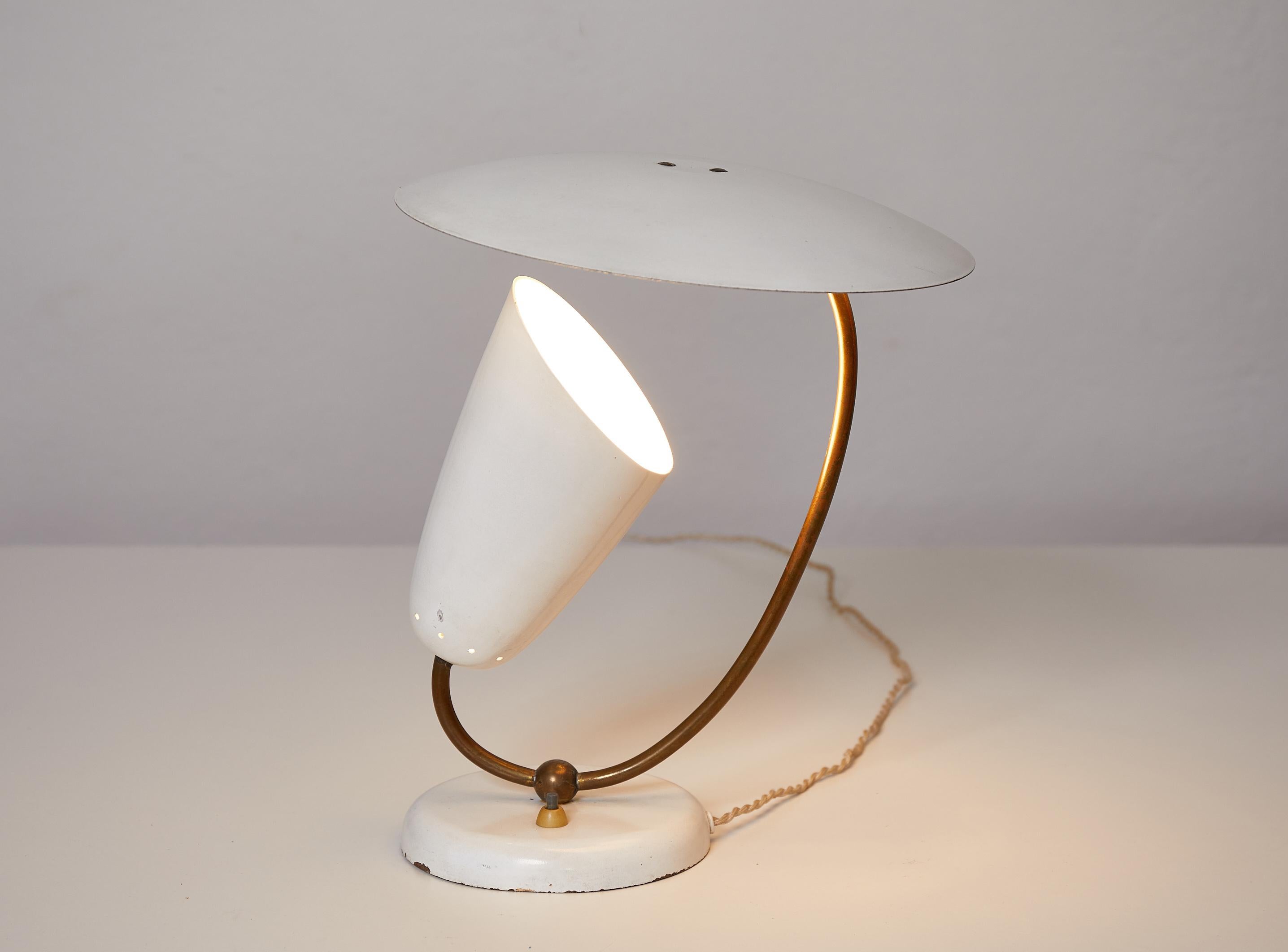 Mid-20th Century Brass and Enameled Metal Table Lamp, Stilnovo Inspired, Switzerland, 1950