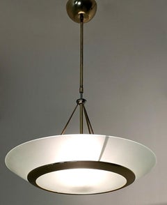 Brass and Aquamarine Etched Glass Bowl Pendant in the Style of Fontana Arte