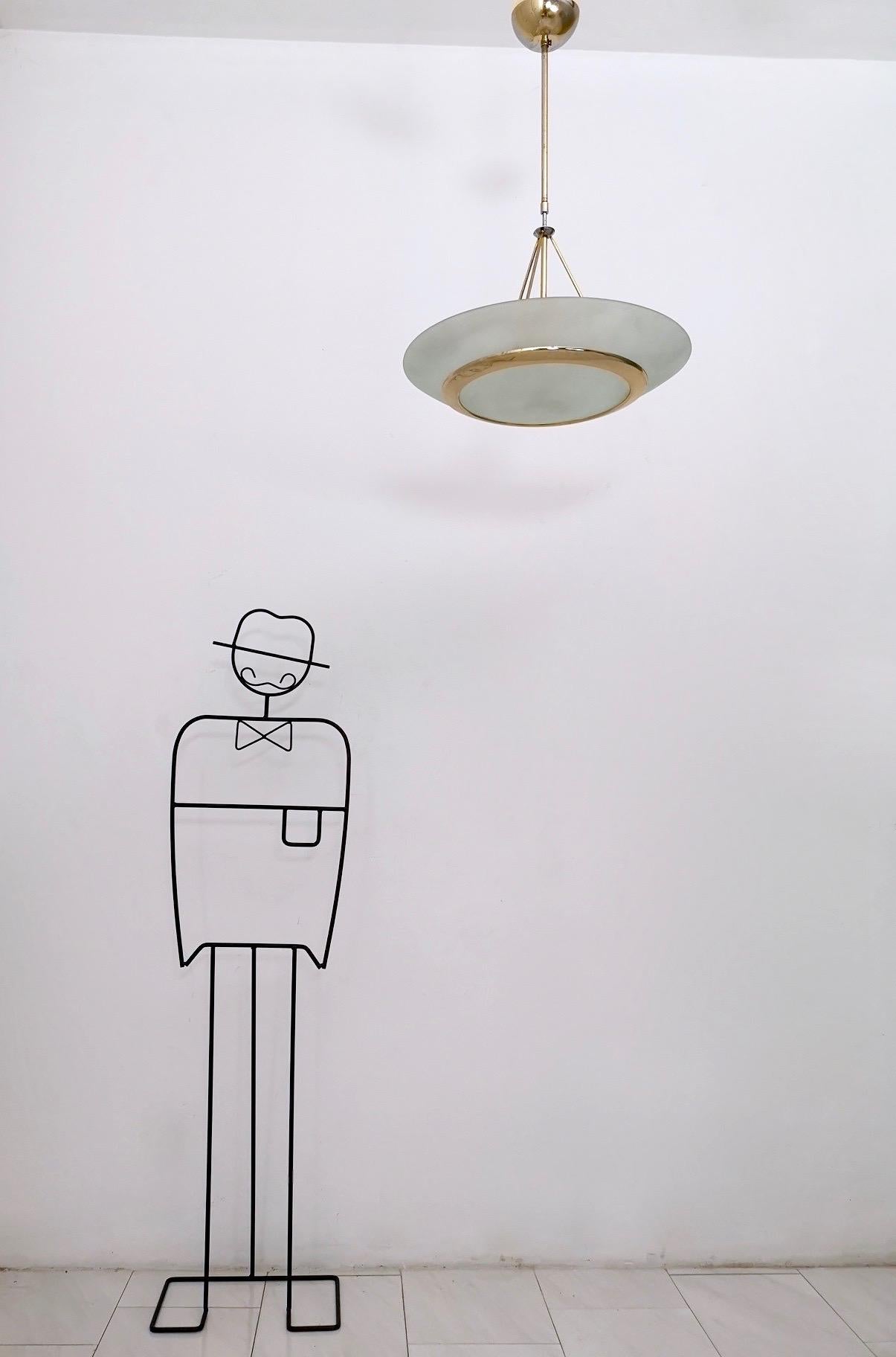 Post-Modern Brass and Aquamarine Etched Glass Bowl Pendant in the Style of Fontana Arte For Sale