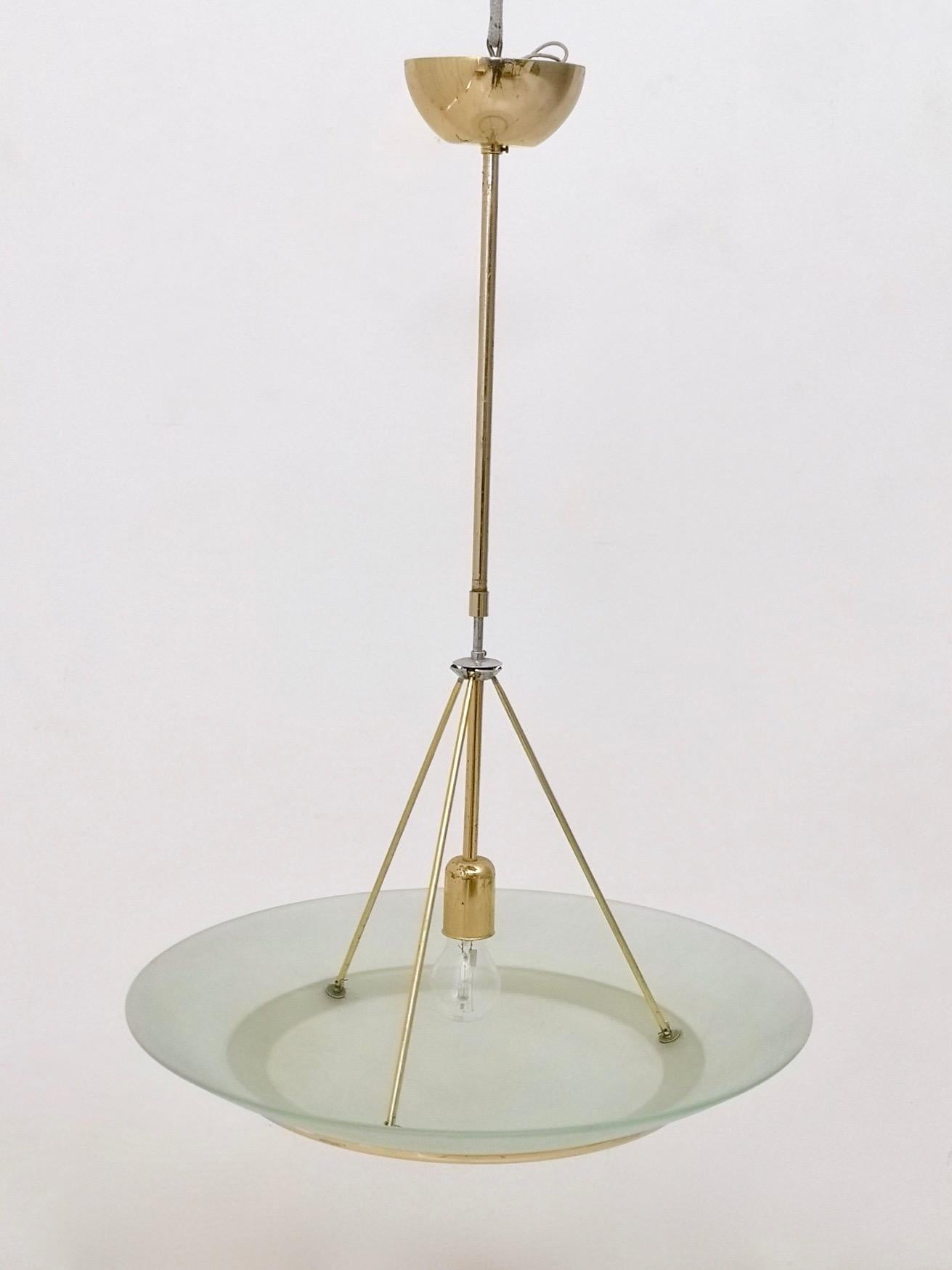 Italian Brass and Aquamarine Etched Glass Bowl Pendant in the Style of Fontana Arte For Sale