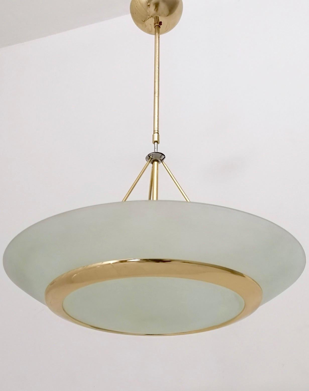 Brass and Aquamarine Etched Glass Bowl Pendant in the Style of Fontana Arte In Good Condition For Sale In Bresso, Lombardy