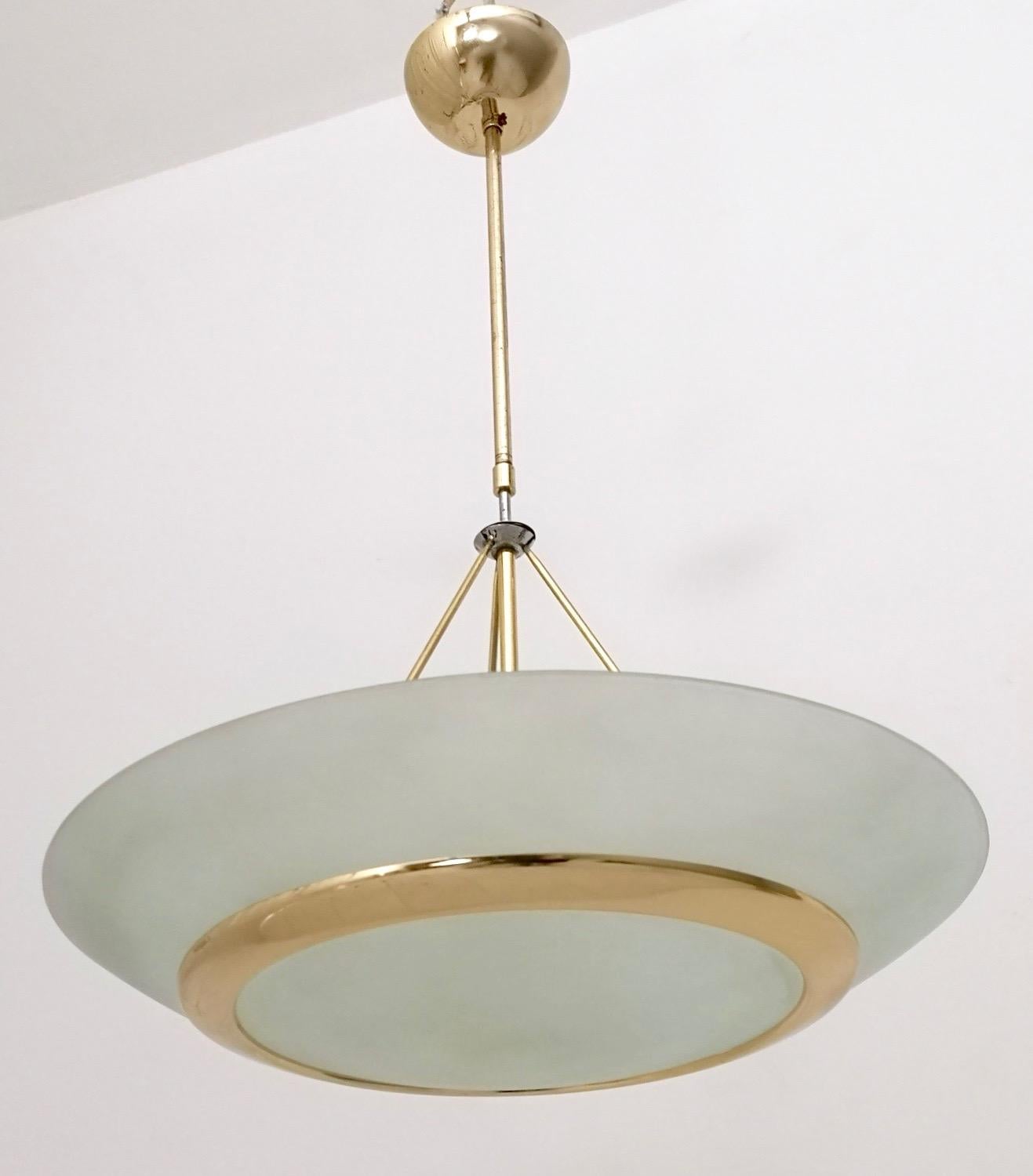 Late 20th Century Brass and Aquamarine Etched Glass Bowl Pendant in the Style of Fontana Arte For Sale