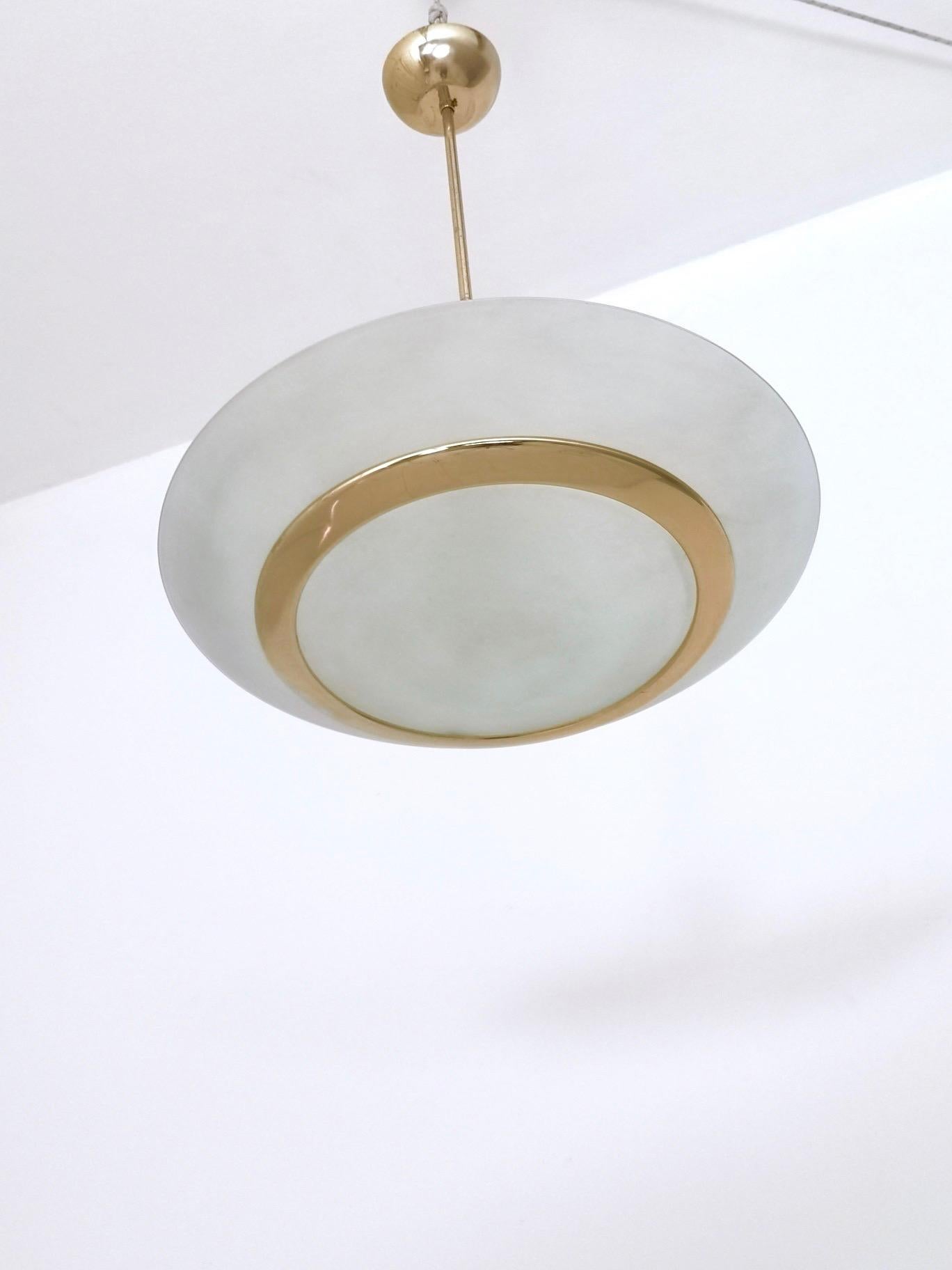 Brass and Aquamarine Etched Glass Bowl Pendant in the Style of Fontana Arte For Sale 1