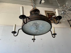 Brass And Etched Sunburst Glass Regency Style Low Hanging Chandelier