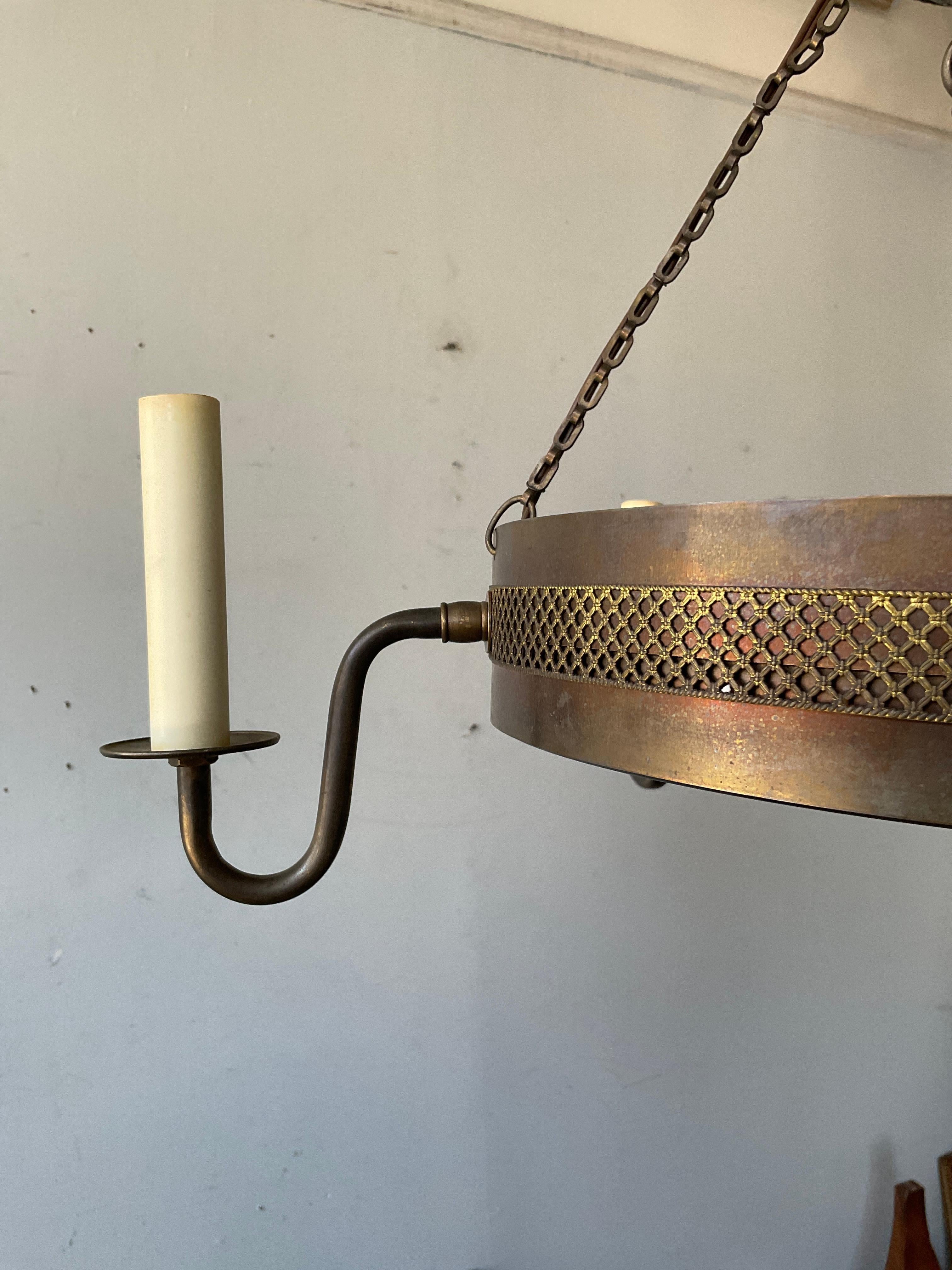 Brass And Etched Sunburst Glass Regency Style Low Hanging Chandelier For Sale 1