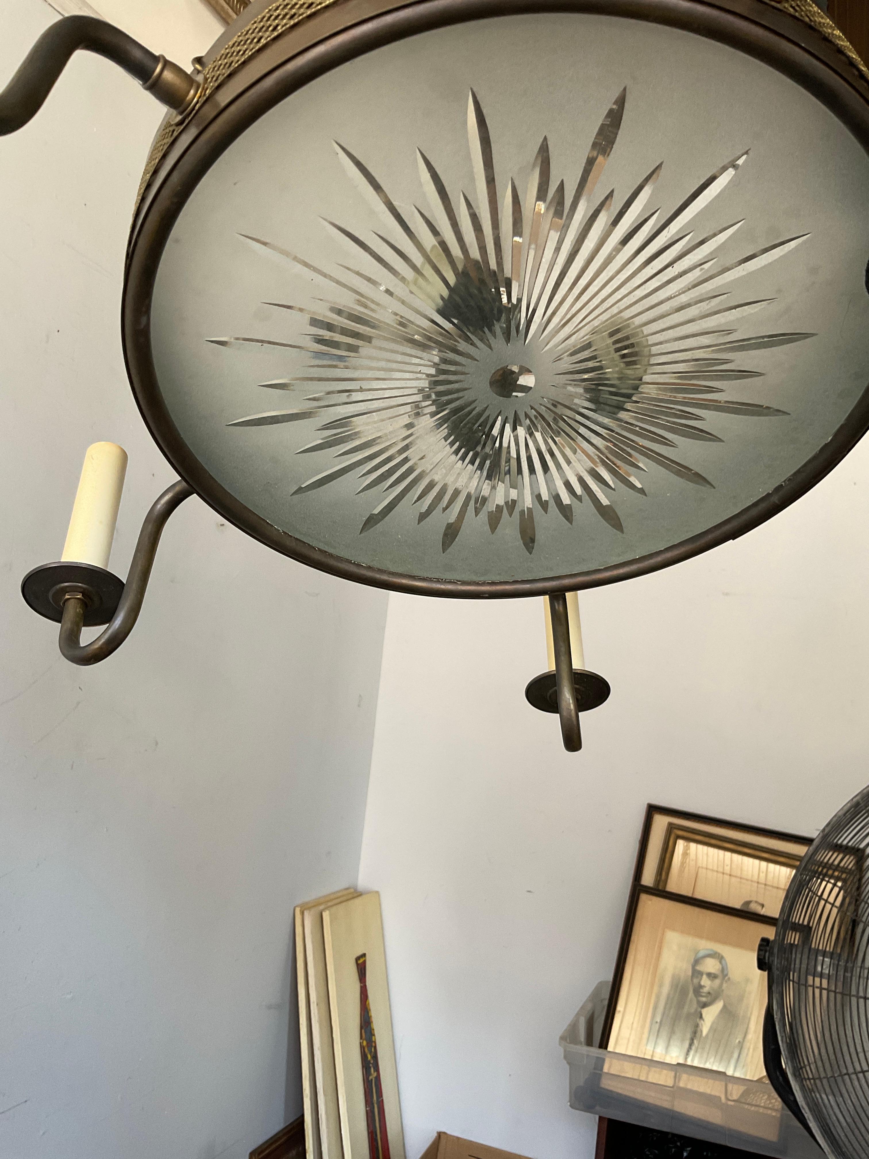 Brass And Etched Sunburst Glass Regency Style Low Hanging Chandelier For Sale 2