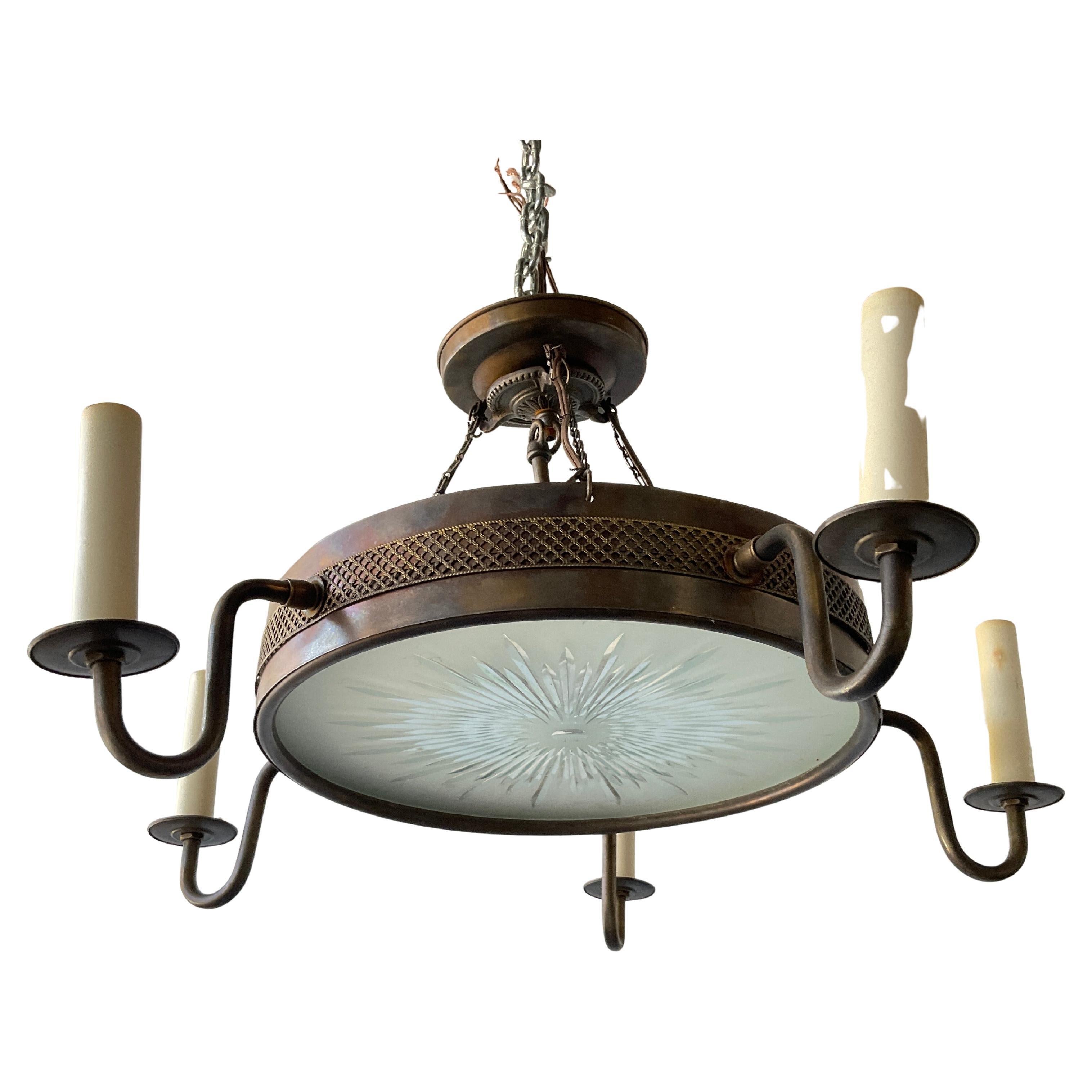 Brass And Etched Sunburst Glass Regency Style Low Hanging Chandelier For Sale
