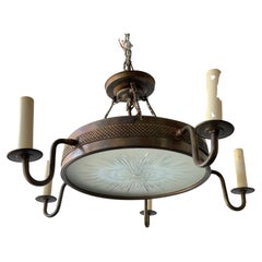 Brass And Etched Sunburst Glass Regency Style Low Hanging Chandelier