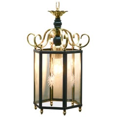 Brass and Etched with a Starburst Pattern Glass Lantern Hall Light