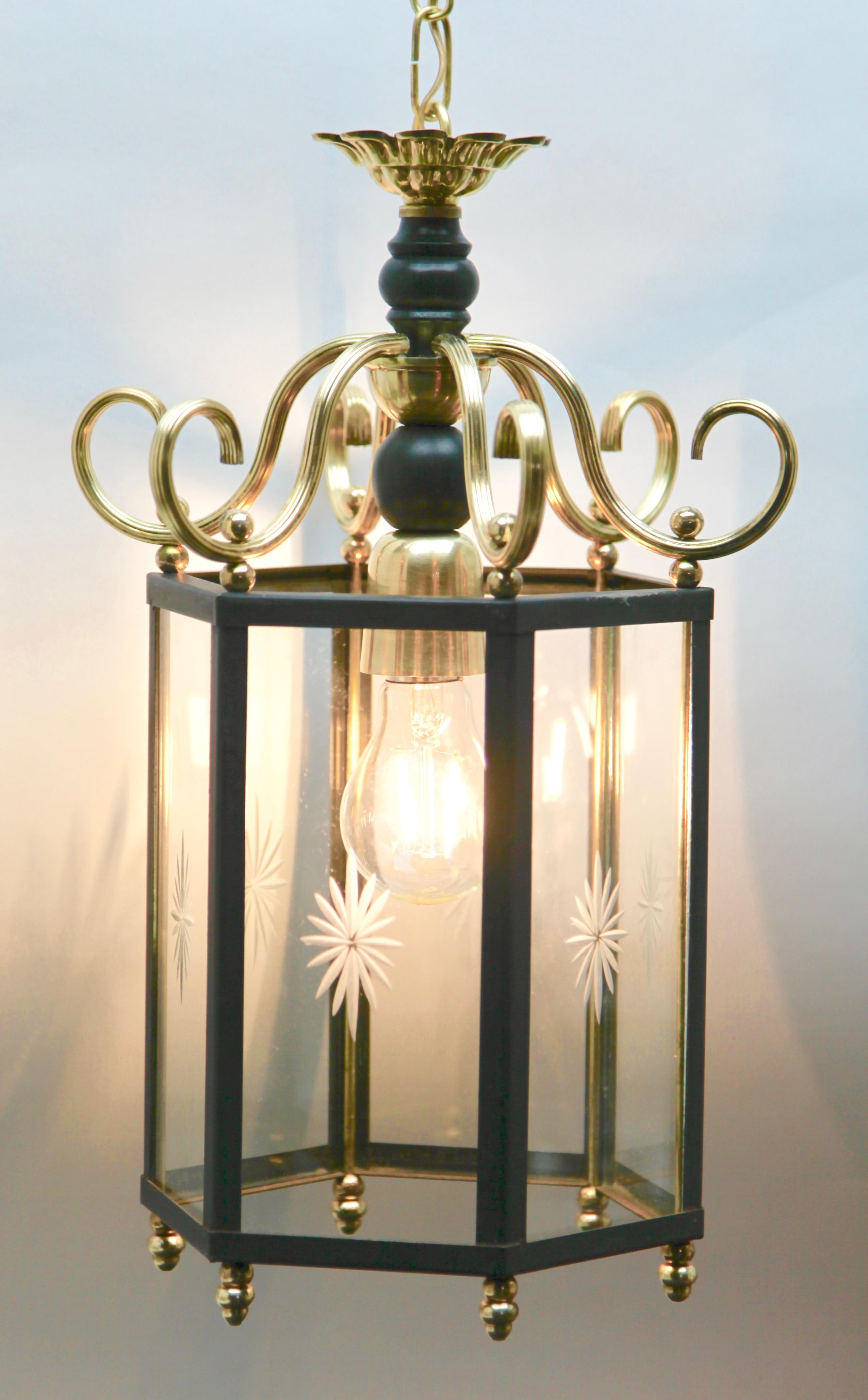 French Brass and Etched with a Starburst Pattern Glass Lantern Hall Light