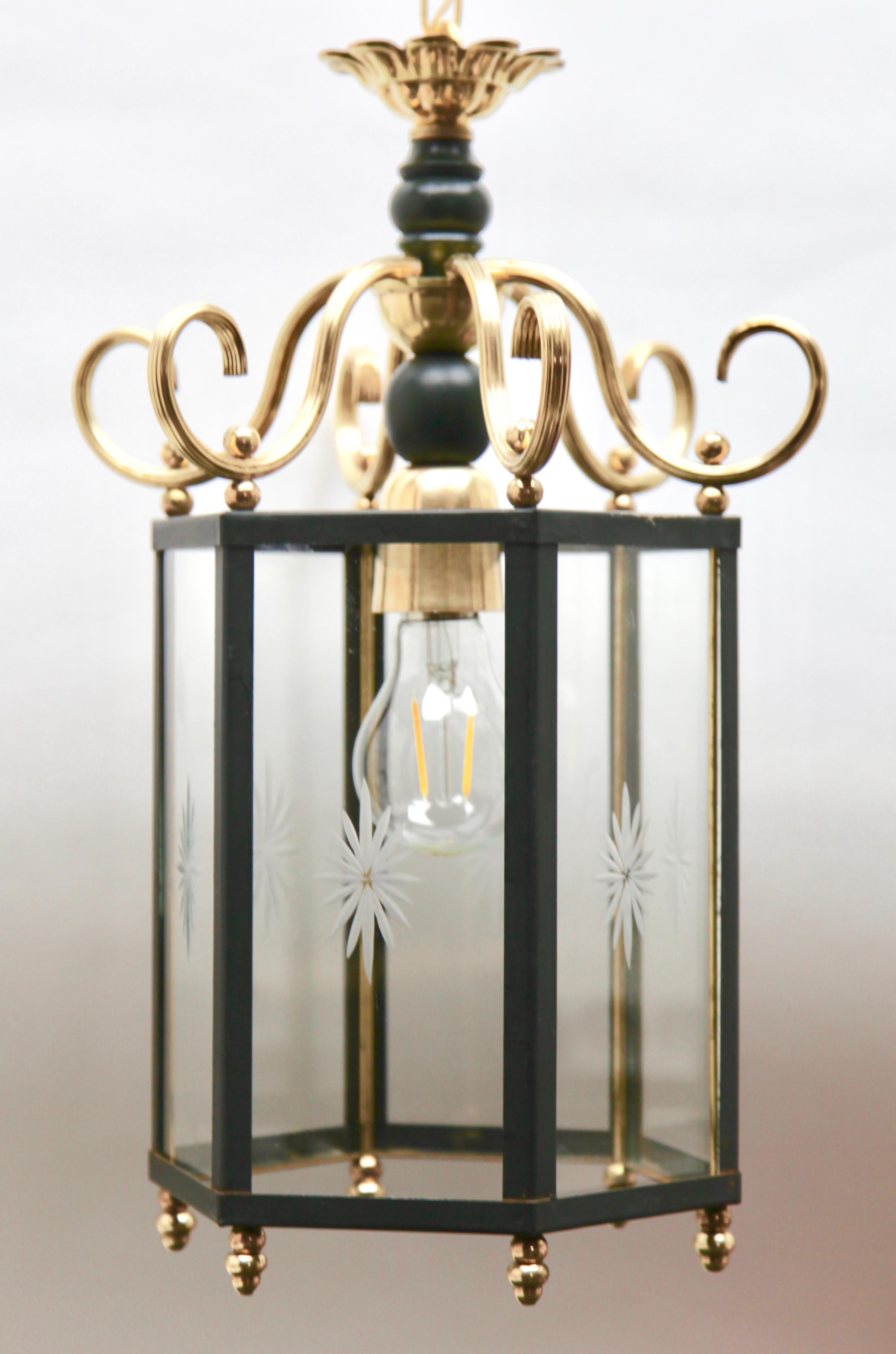 Mid-20th Century Brass and Etched with a Starburst Pattern Glass Lantern Hall Light