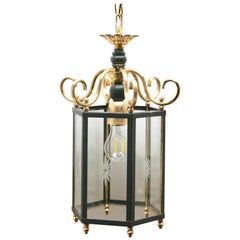 Brass and Etched with a Starburst Pattern Glass Lantern Hall Light