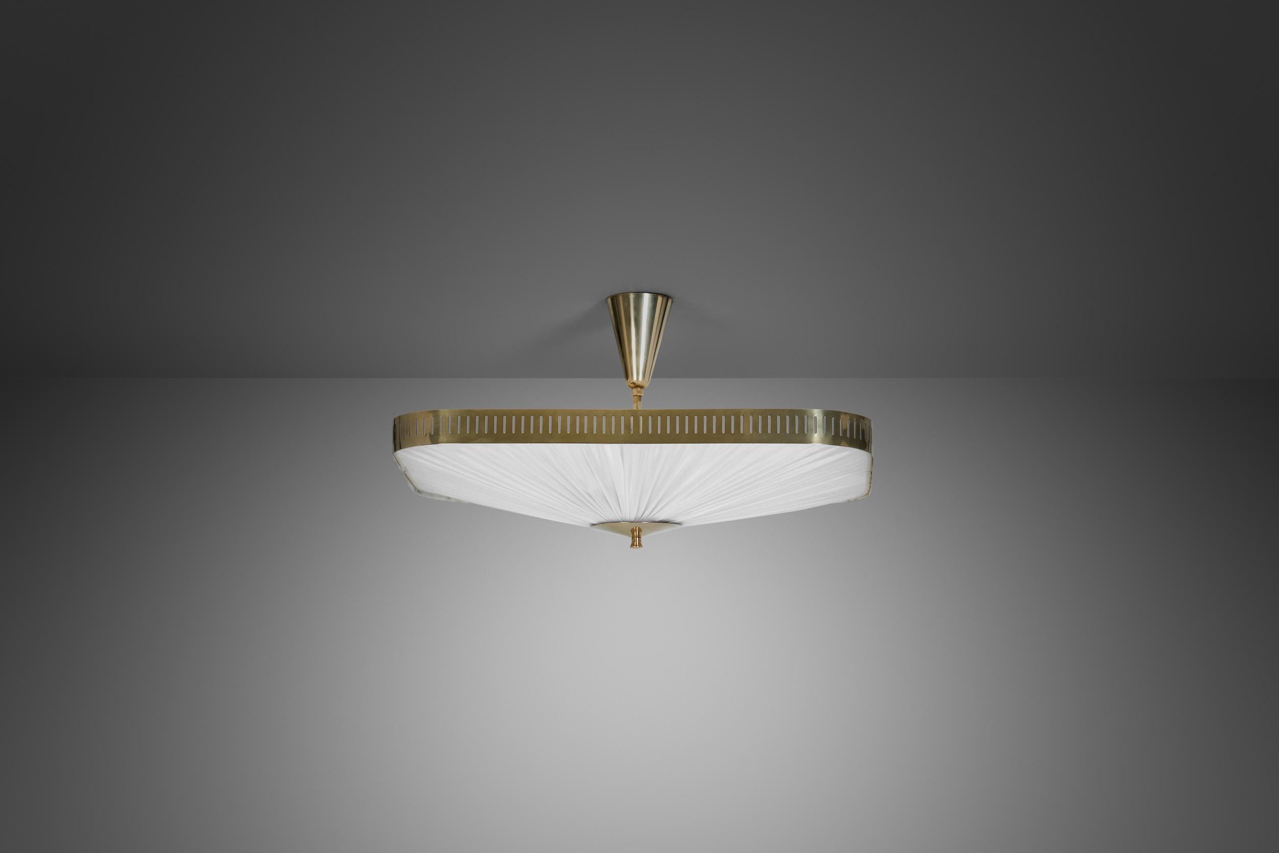 Mid-Century Modern Brass and Fabric Ceiling Lamp by Itsu, Finland 1960s