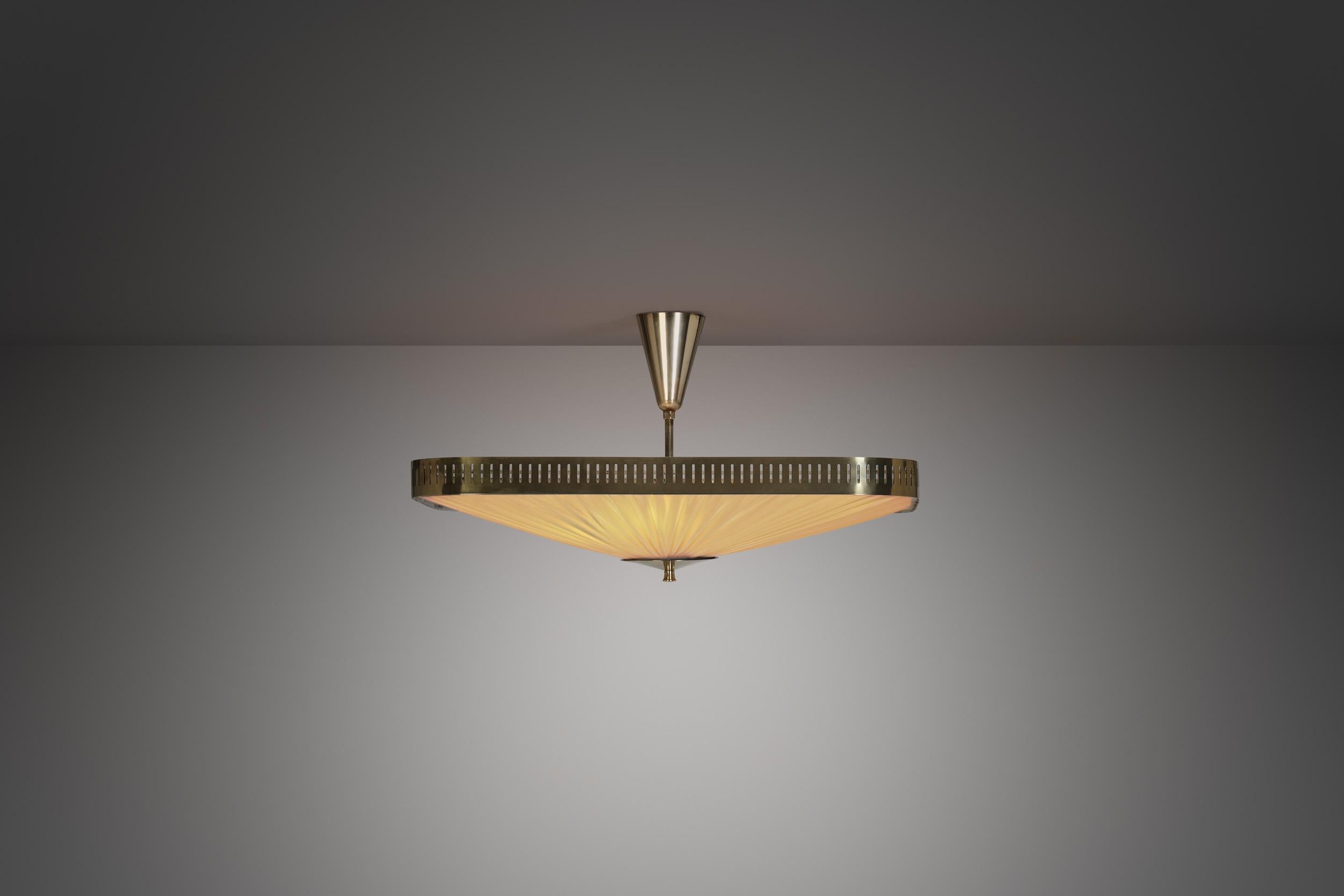 Finnish Brass and Fabric Ceiling Lamp by Itsu, Finland 1960s