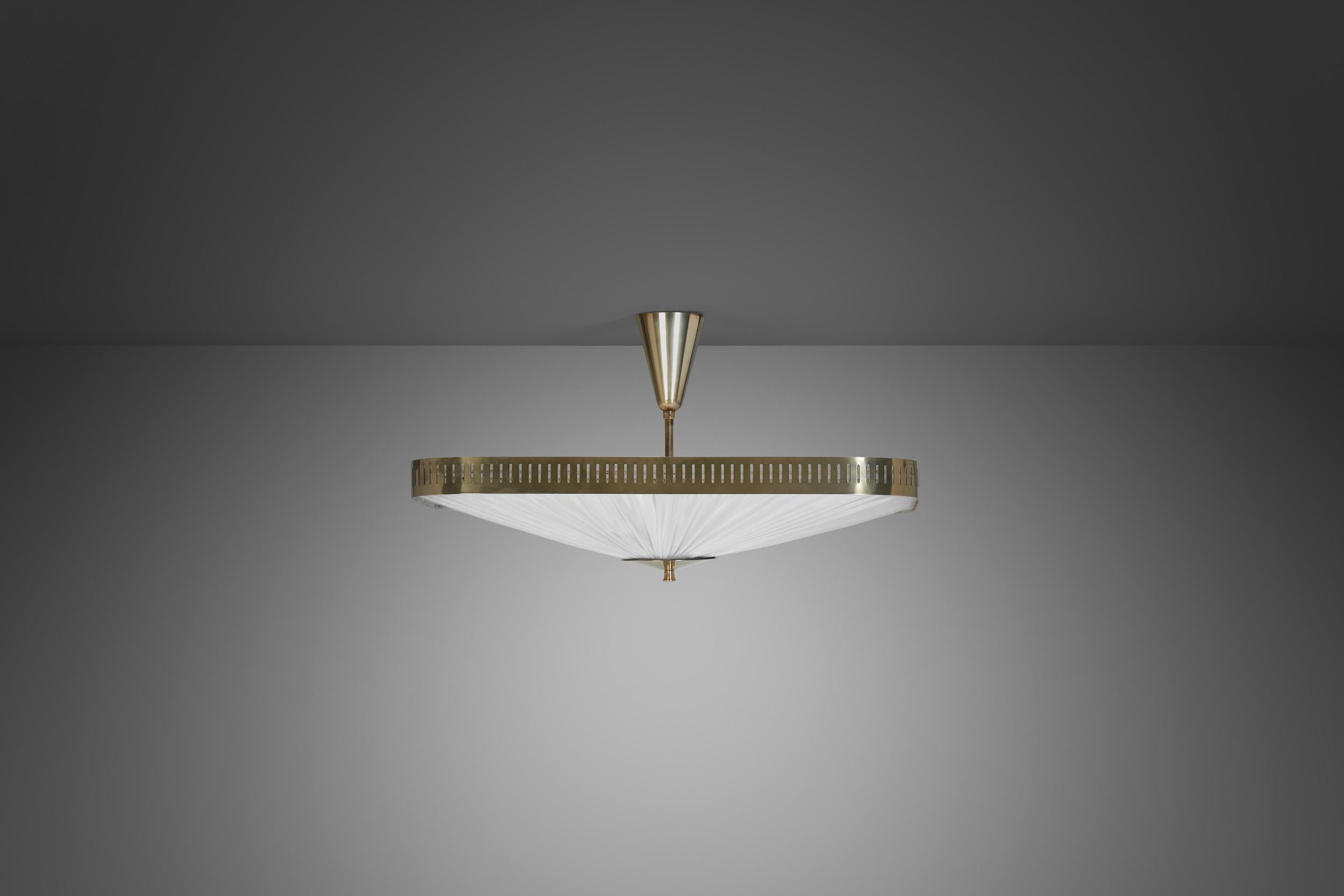 Brass and Fabric Ceiling Lamp by Itsu, Finland 1960s In Good Condition In Utrecht, NL