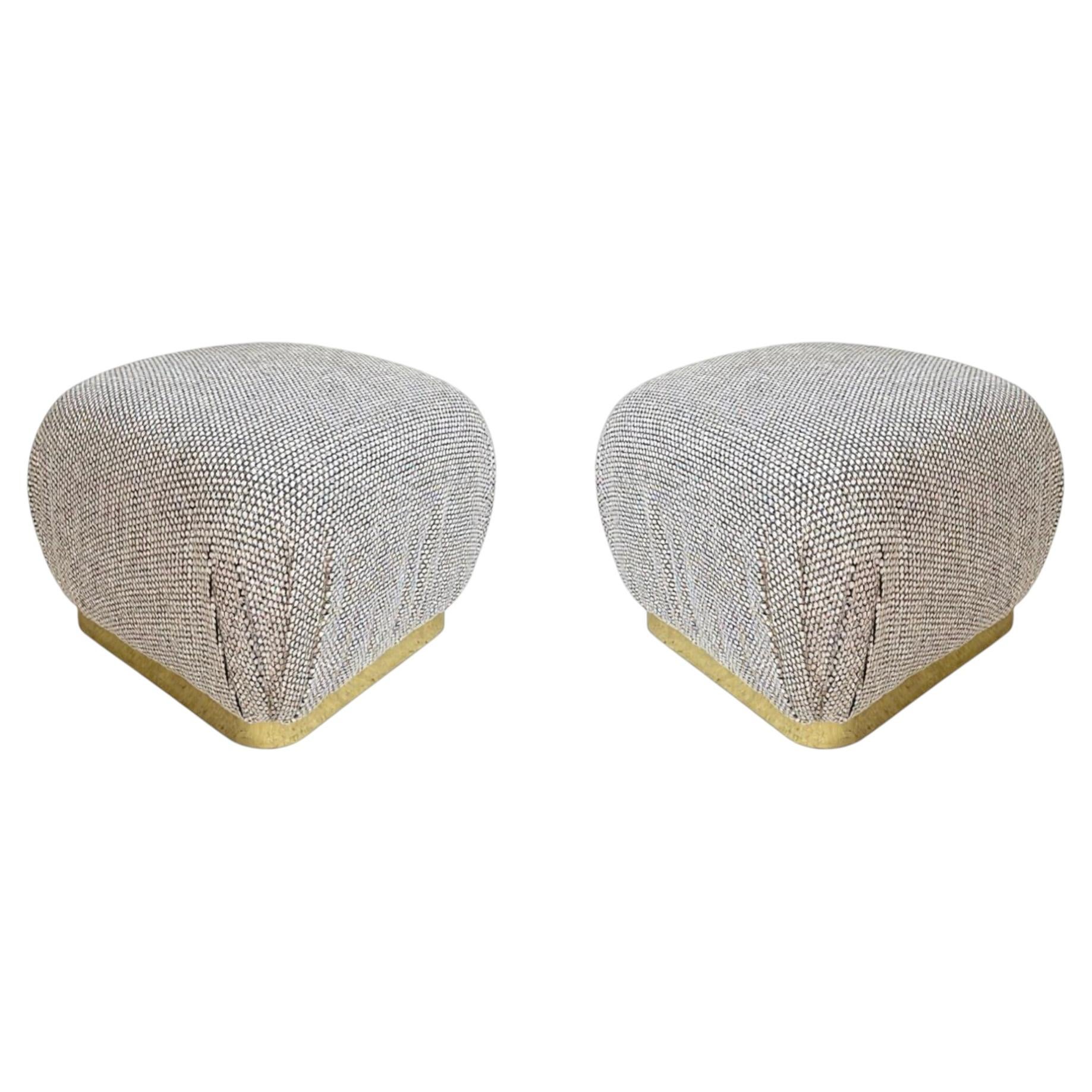 Brass and Fabric Pair of Karl Springer Style Ottomans Poufs by Weiman Company For Sale