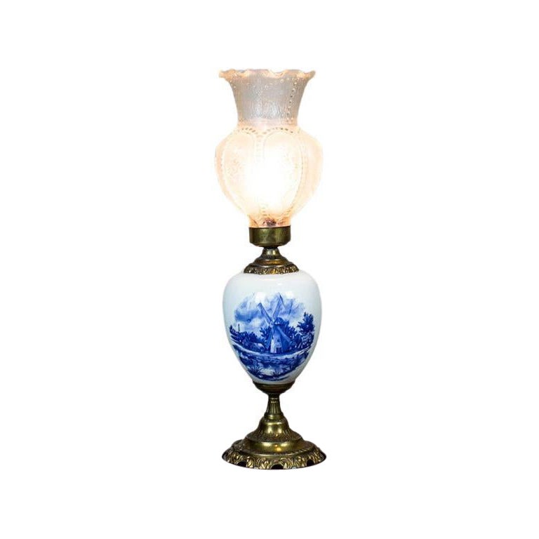 Brass and Faïence Table Lamp Stylized as Kerosene Lamp, circa the 1980s/1990s
