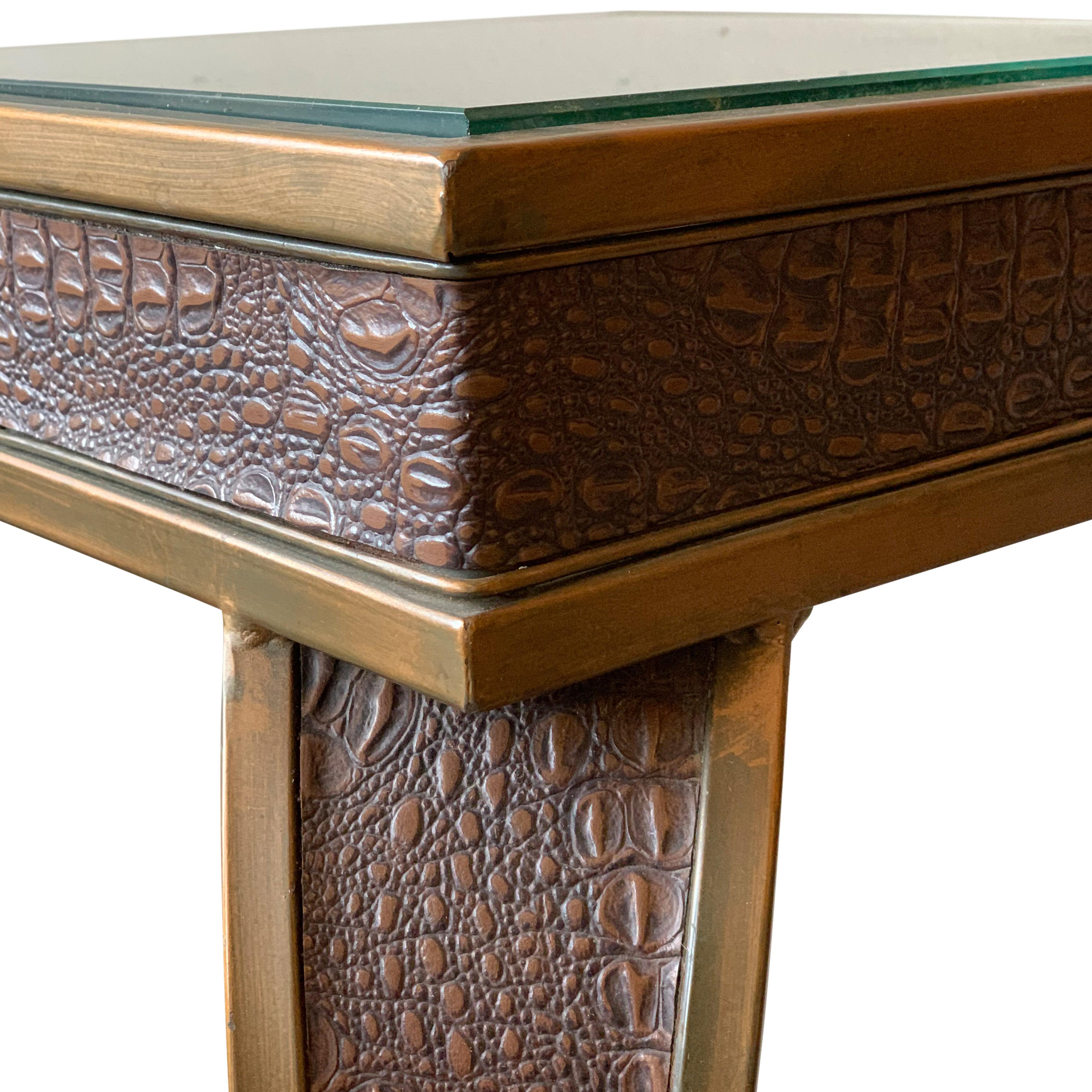 European Brass and Faux Crocodile Side Table For Sale