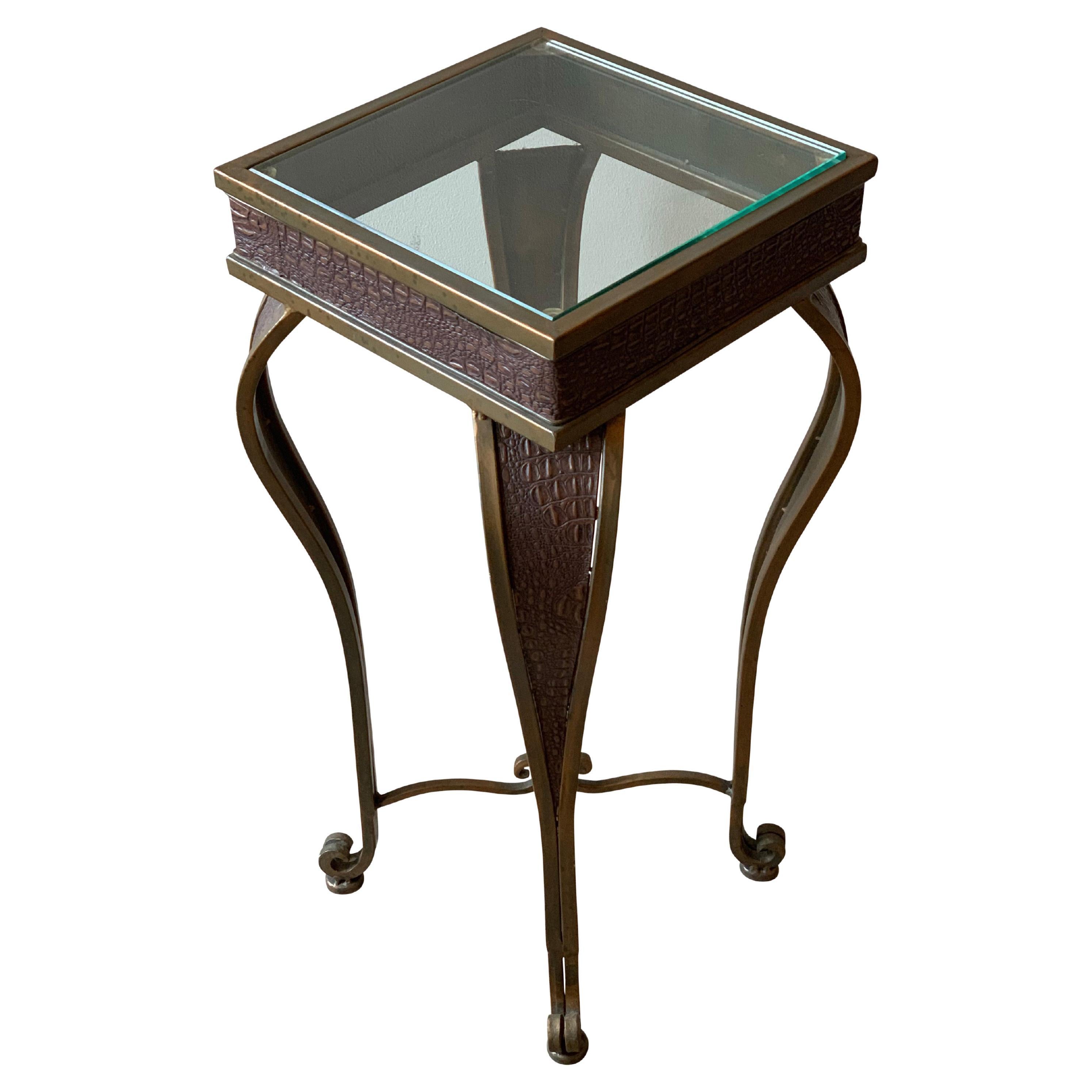Brass and Faux Crocodile Side Table For Sale
