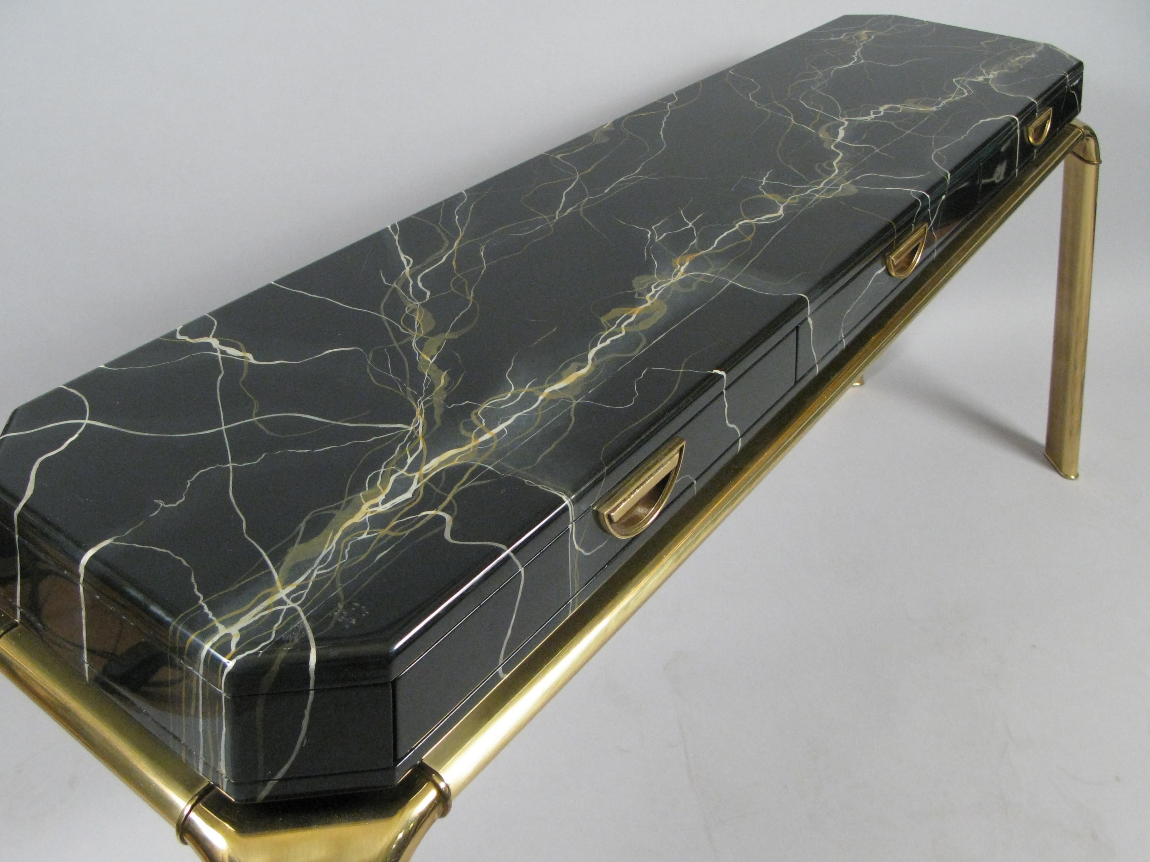American Brass and Faux Marble Console Table by Widdicomb